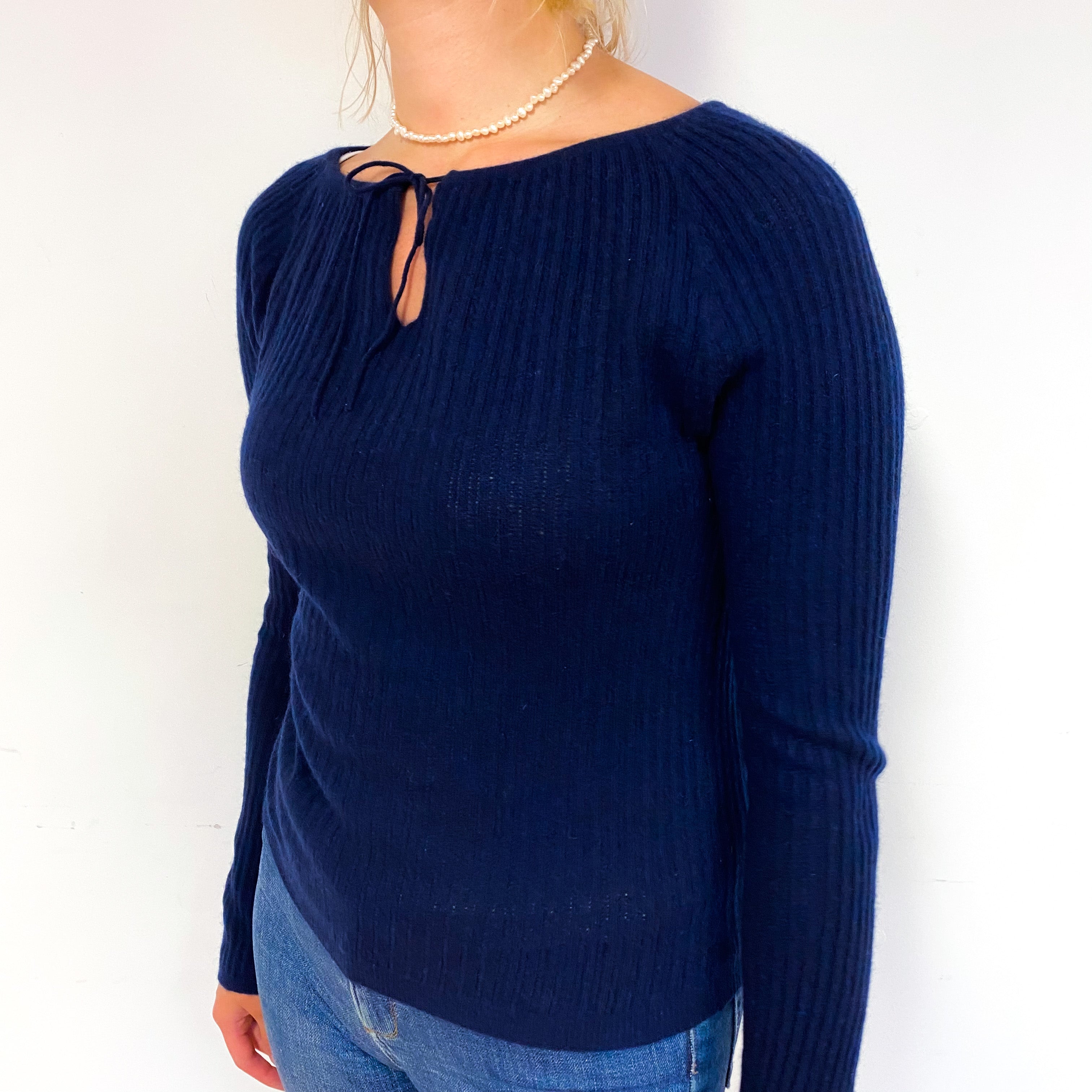Navy Ribbed Drawstring Cashmere Notch Neck Jumper Small