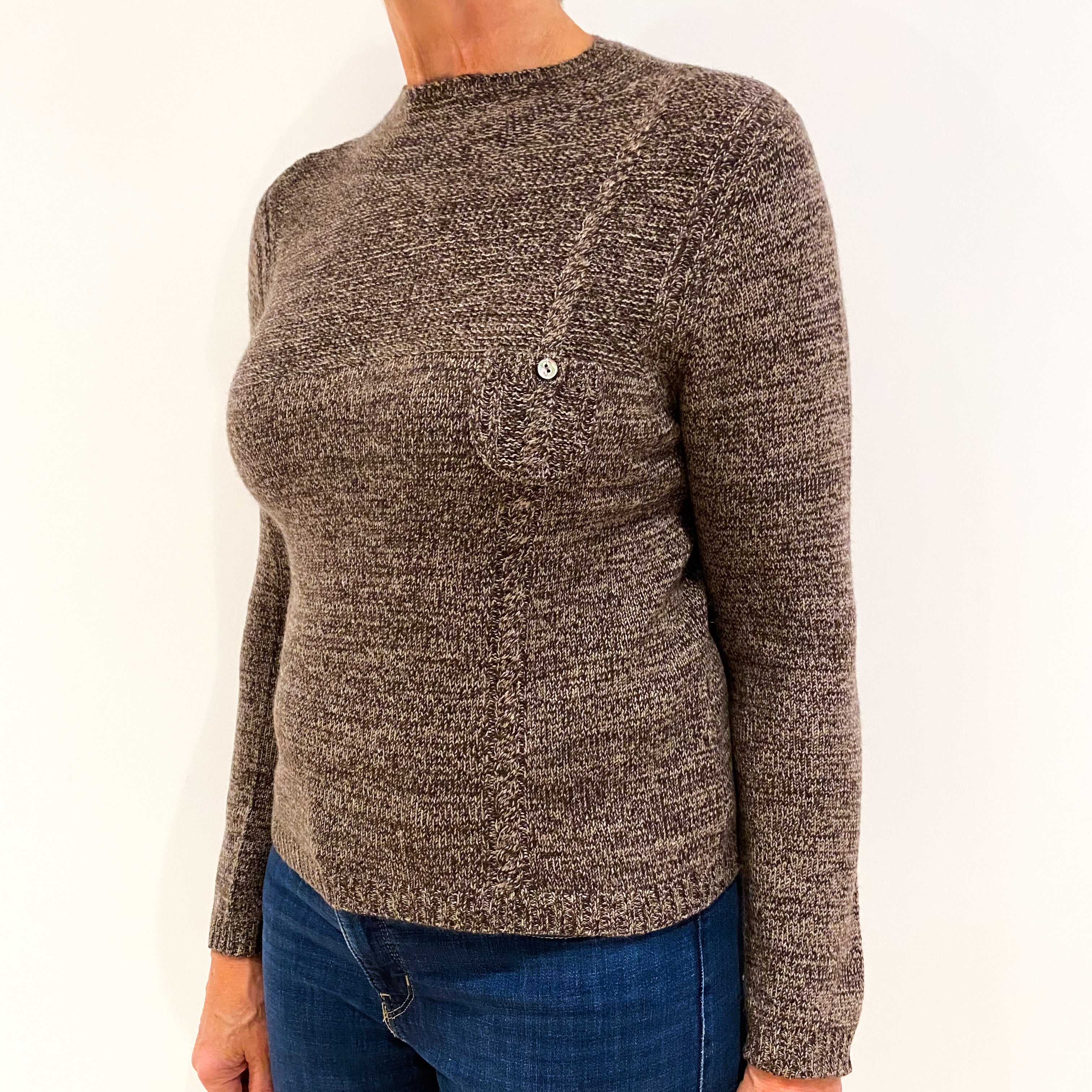 Beige and Brown Marl Cashmere Crew Neck Jumper Medium