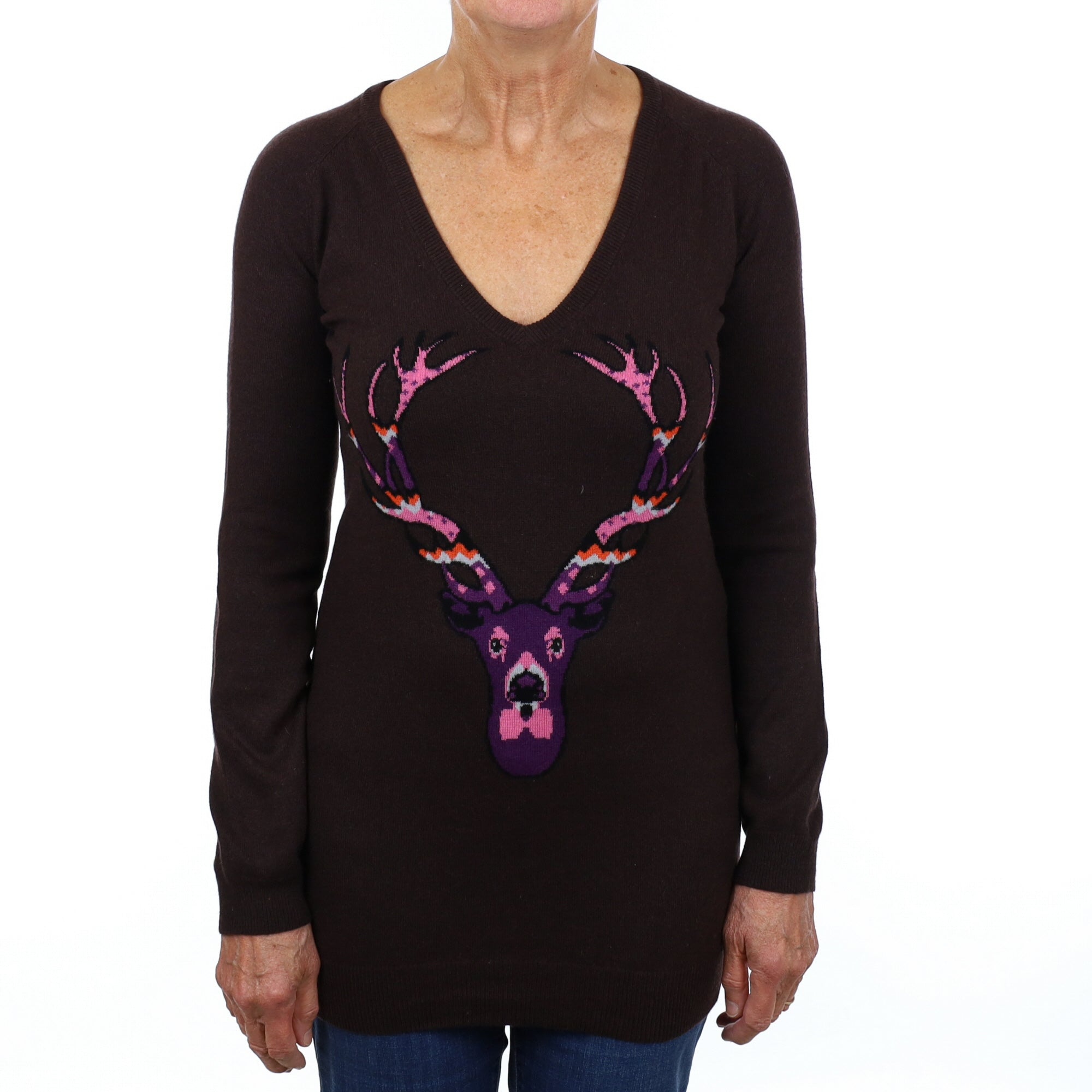 Peppercorn Brown Colourful Stag Cashmere V Neck Jumper Medium