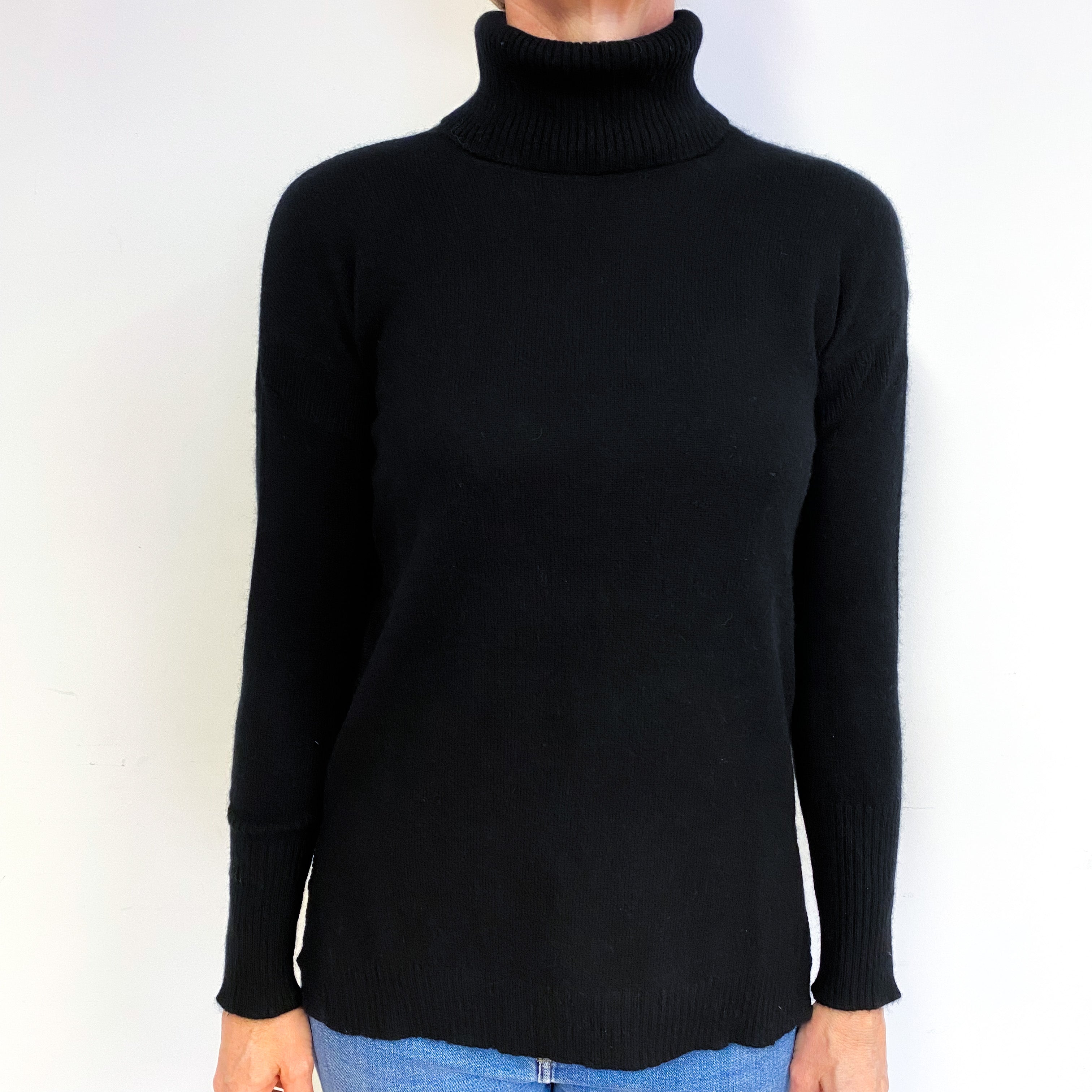 Black Split Hem Cashmere Polo Neck Jumper Medium