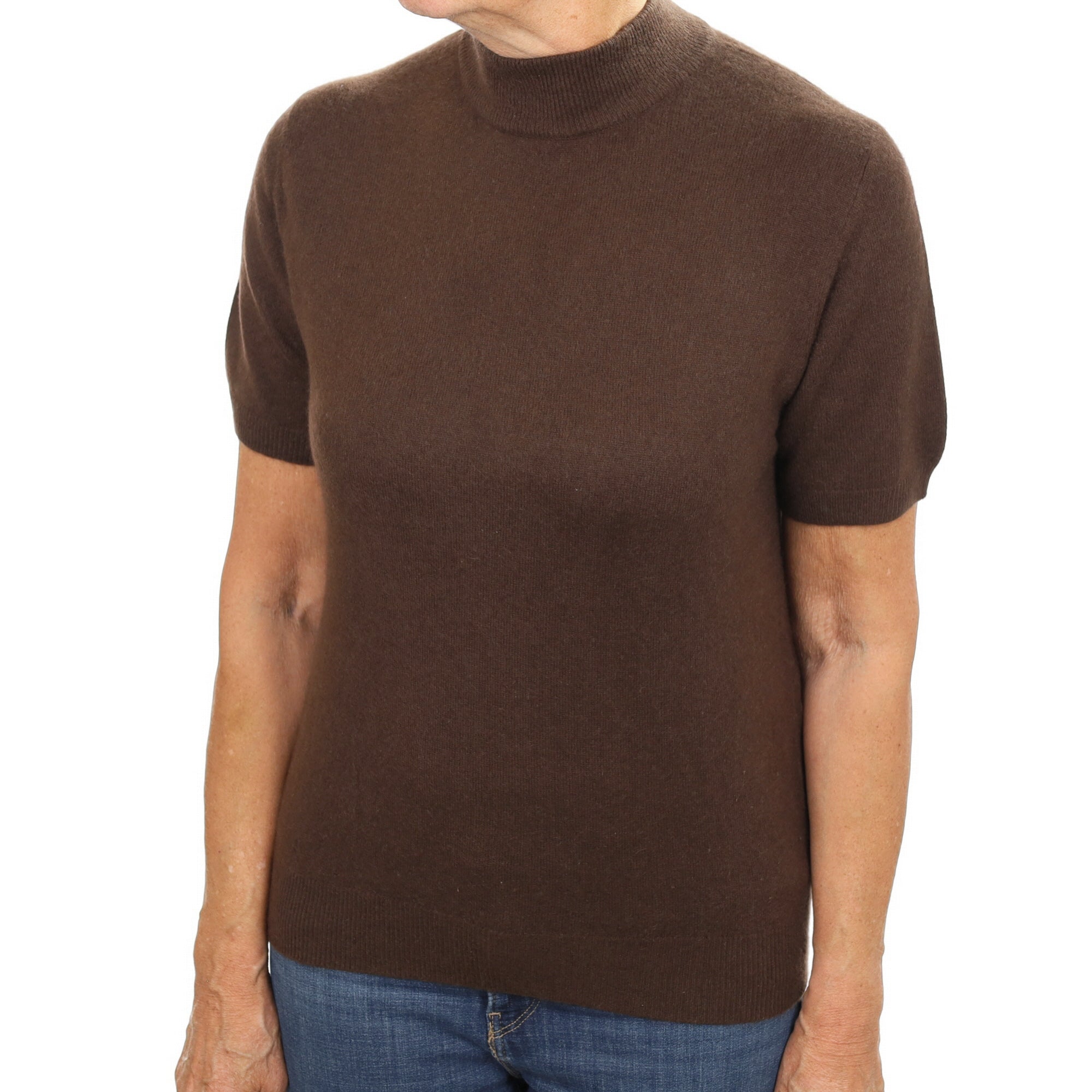 Chocolate Brown Cashmere Turtle Neck Short Sleeved Jumper Medium