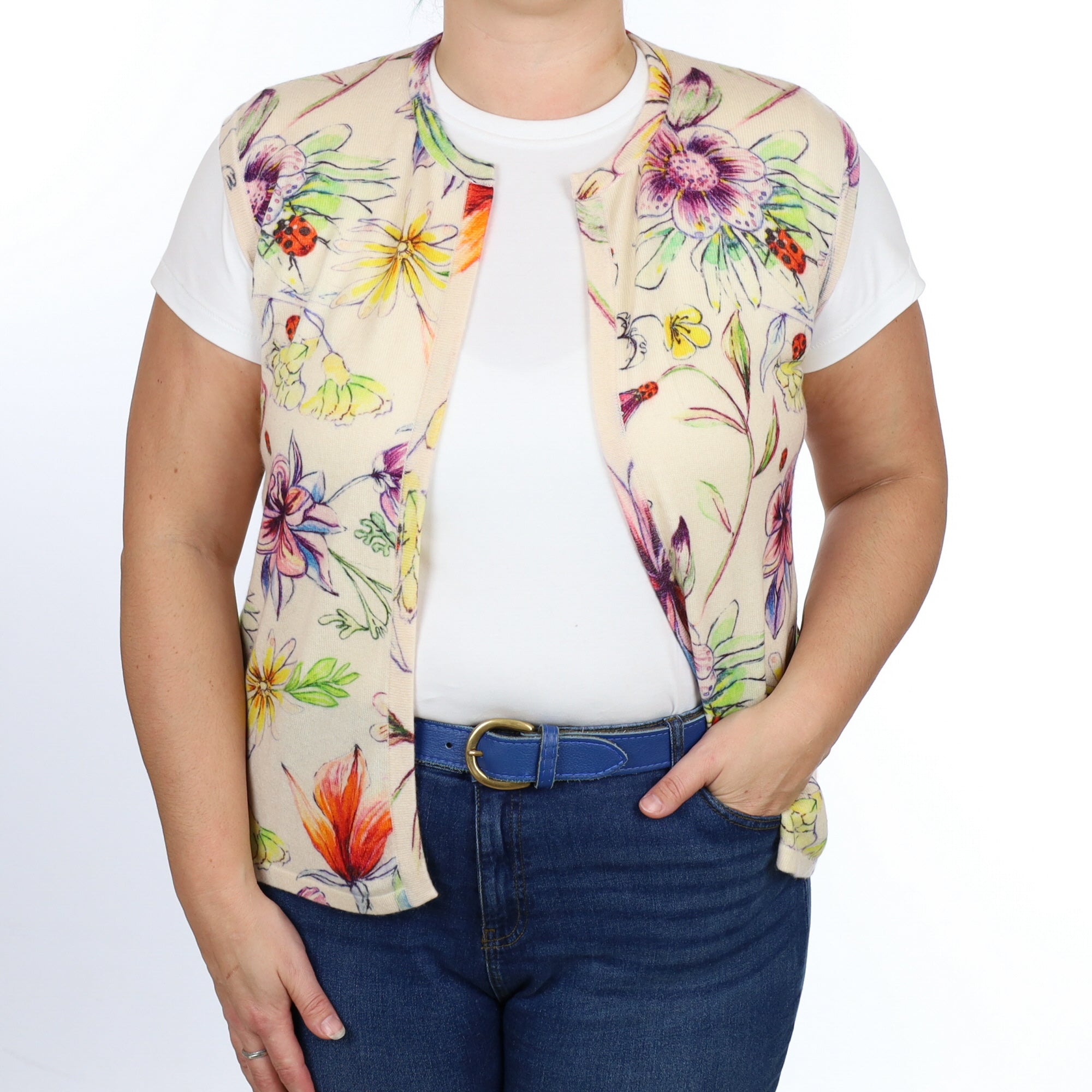 Multicoloured Floral Cashmere Edge To Edge Sleeveless Cardigan Large