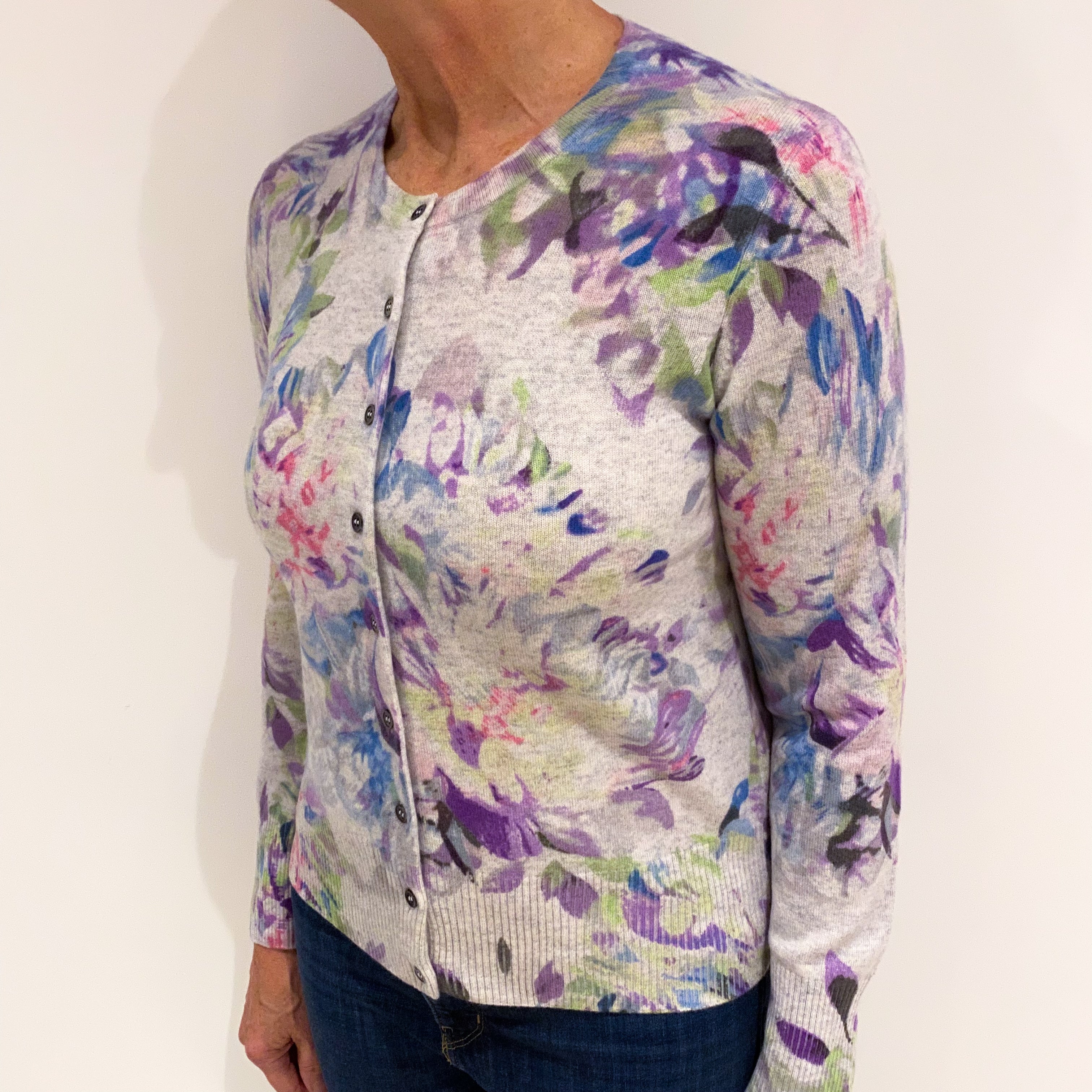 Pure Collection Grey and Floral Pattern Cashmere Crew Neck Cardigan Medium