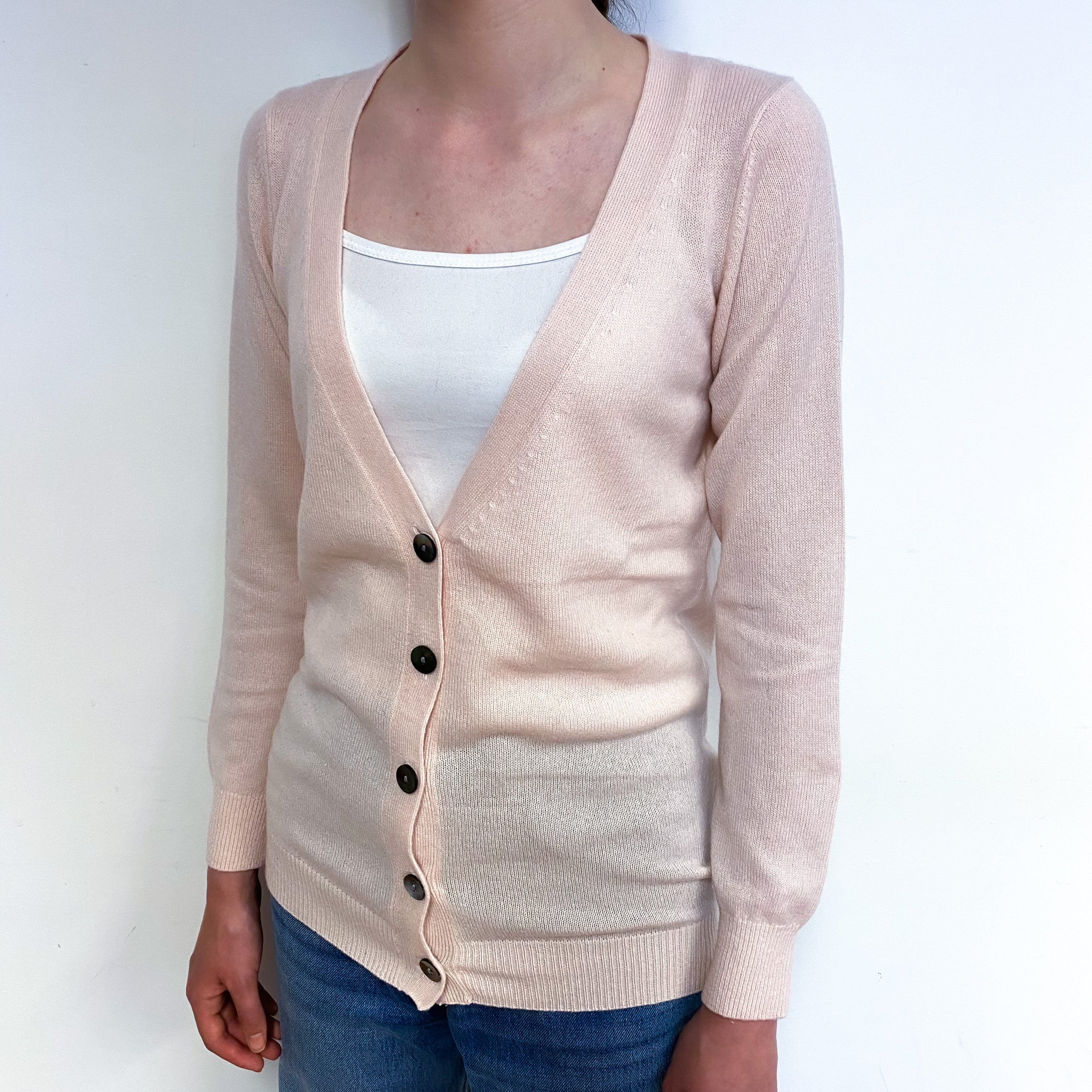 Pale Shell Pink Cashmere Low V-Neck Cardigan Extra Small