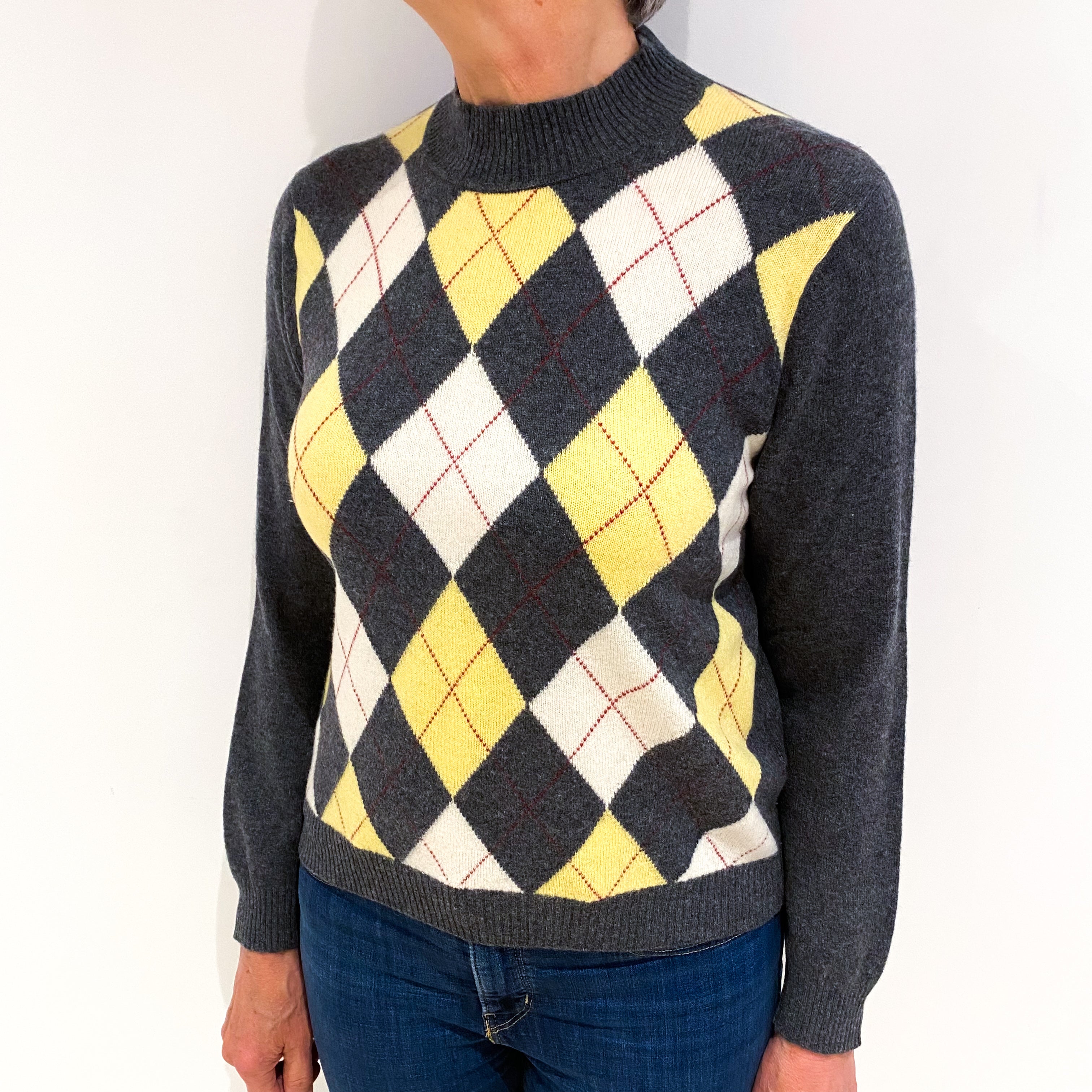 Slate Grey Argyle Cashmere Turtle Neck Jumper Medium