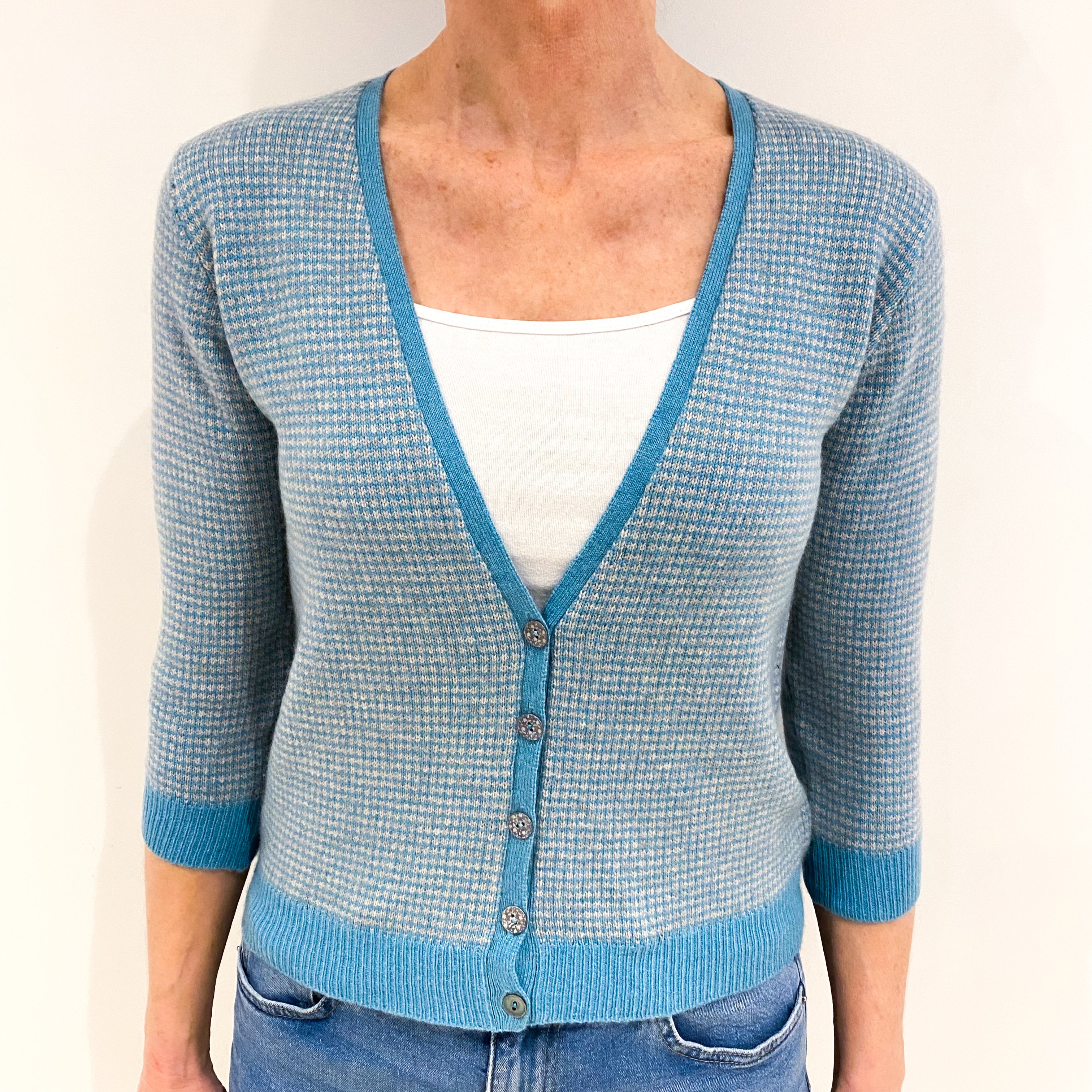 Scottish Brora Pale Aqua And Grey Cashmere Cardigan Small