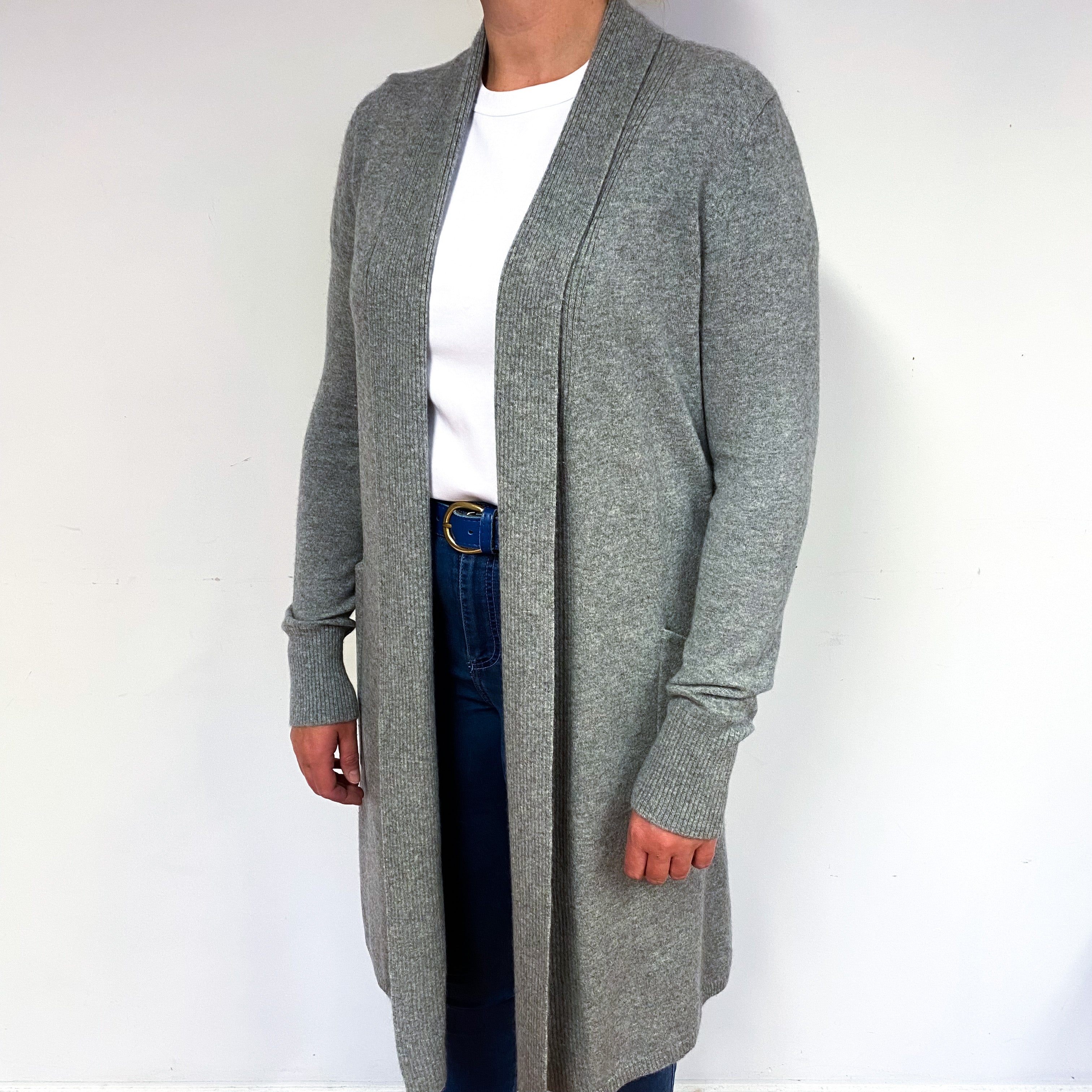 Ash Grey Longline Cashmere Edge to Edge Cardigan Large