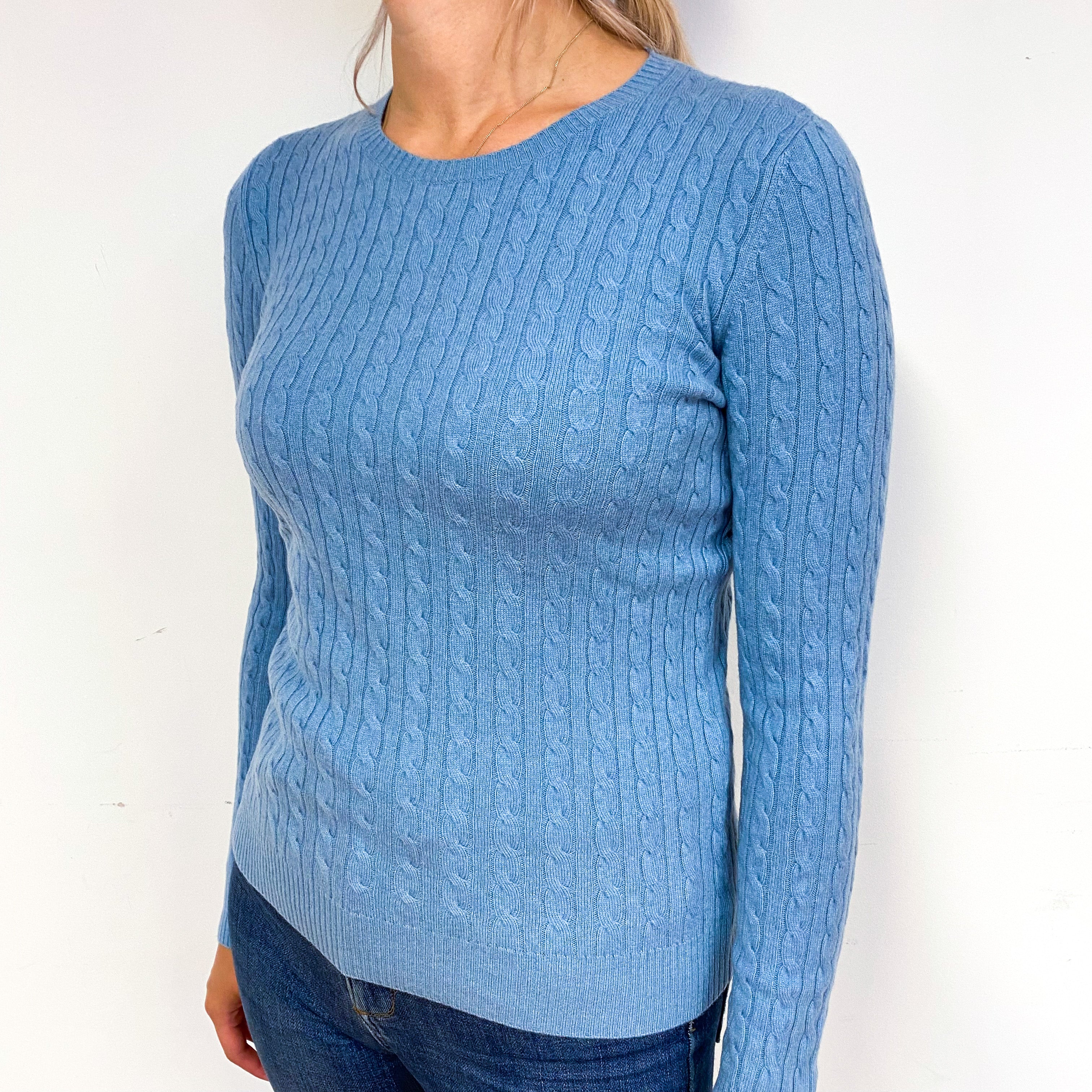 Dusky Sky Blue Cable Cashmere Crew Neck Jumper Small
