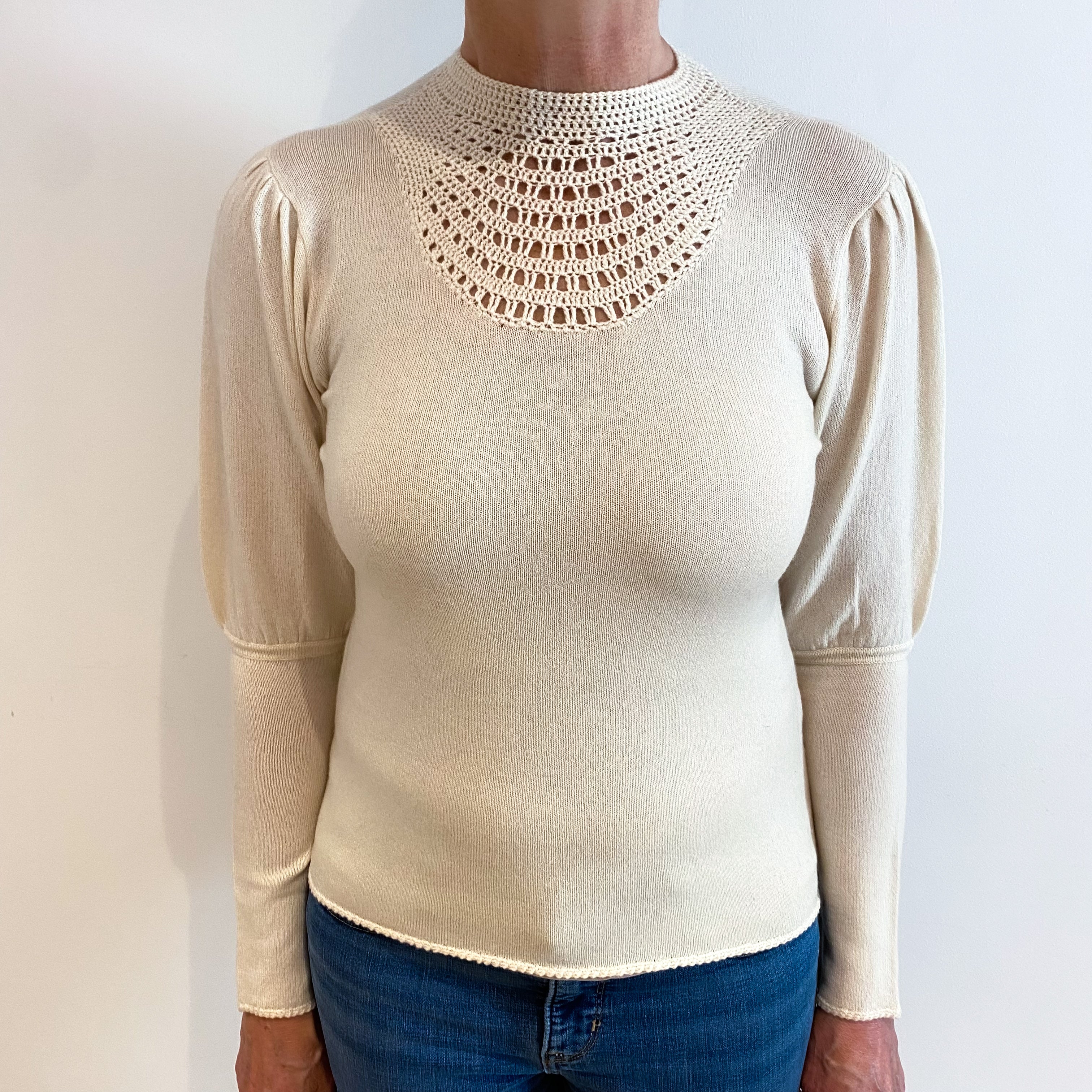 Ivory Lace Knit Cashmere Turtle Neck Jumper Medium