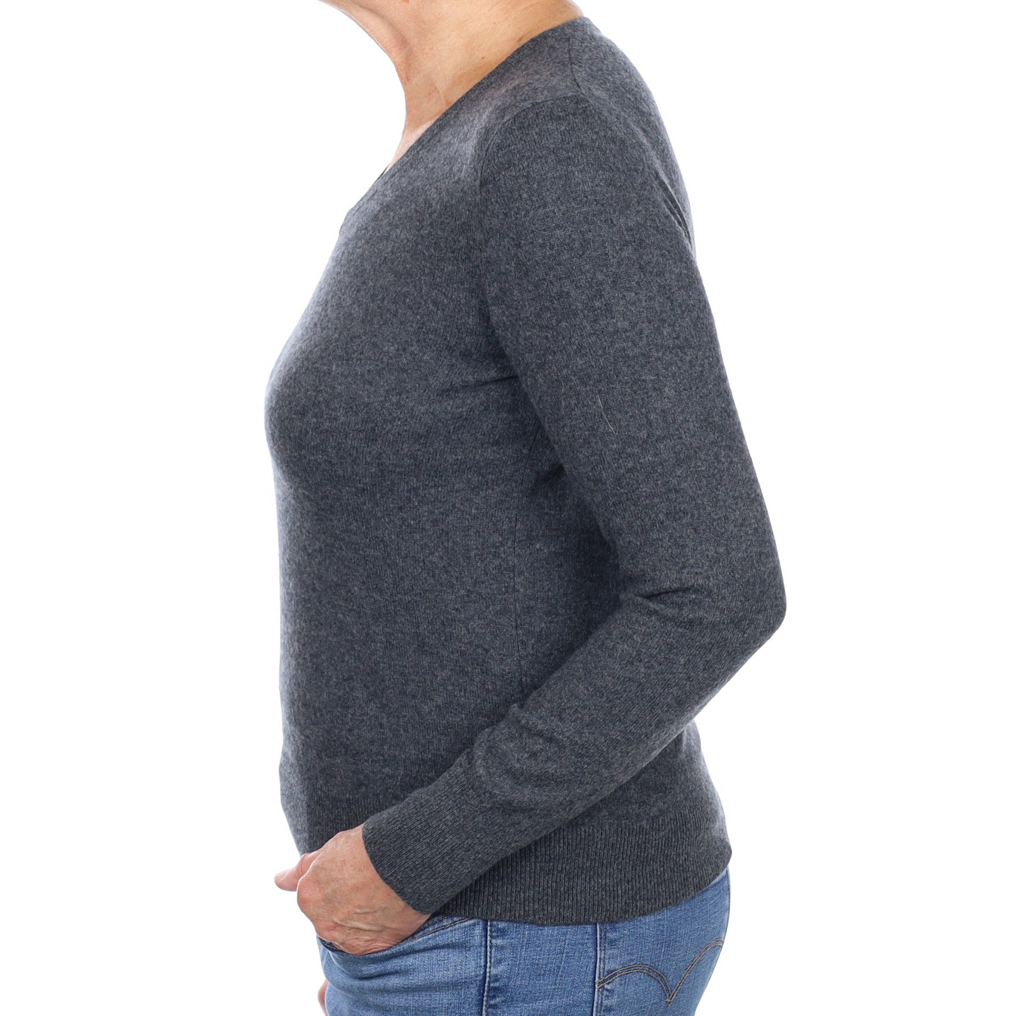 Charcoal Grey Cashmere V Neck Jumper Medium