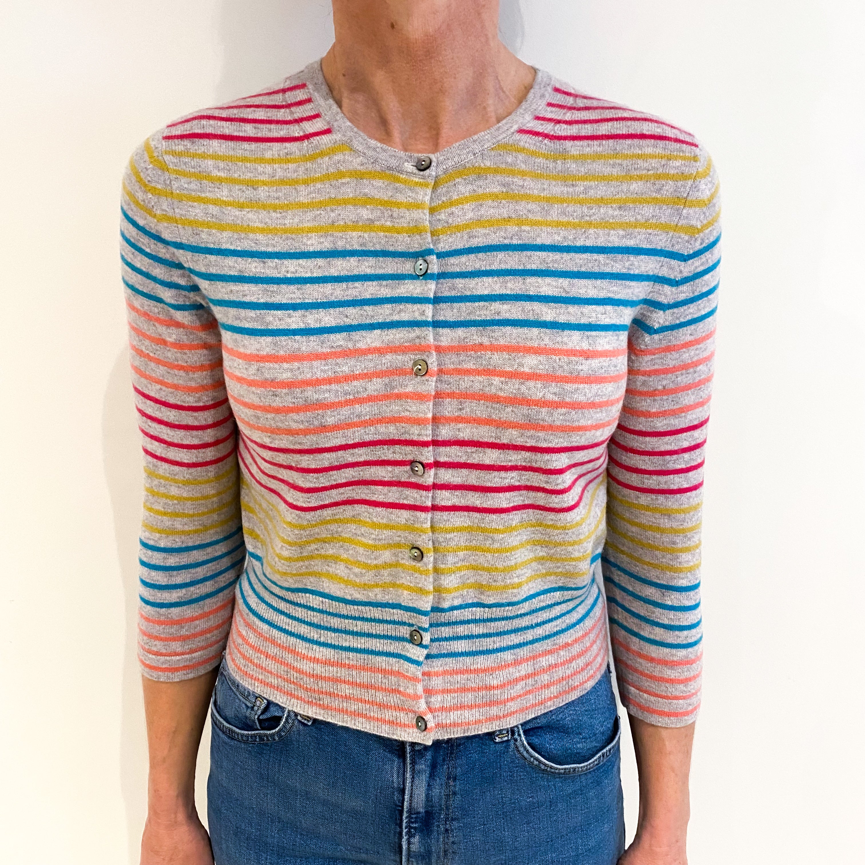 Grey With Multicoloured Stripe Cashmere Crew Neck Cardigan Small