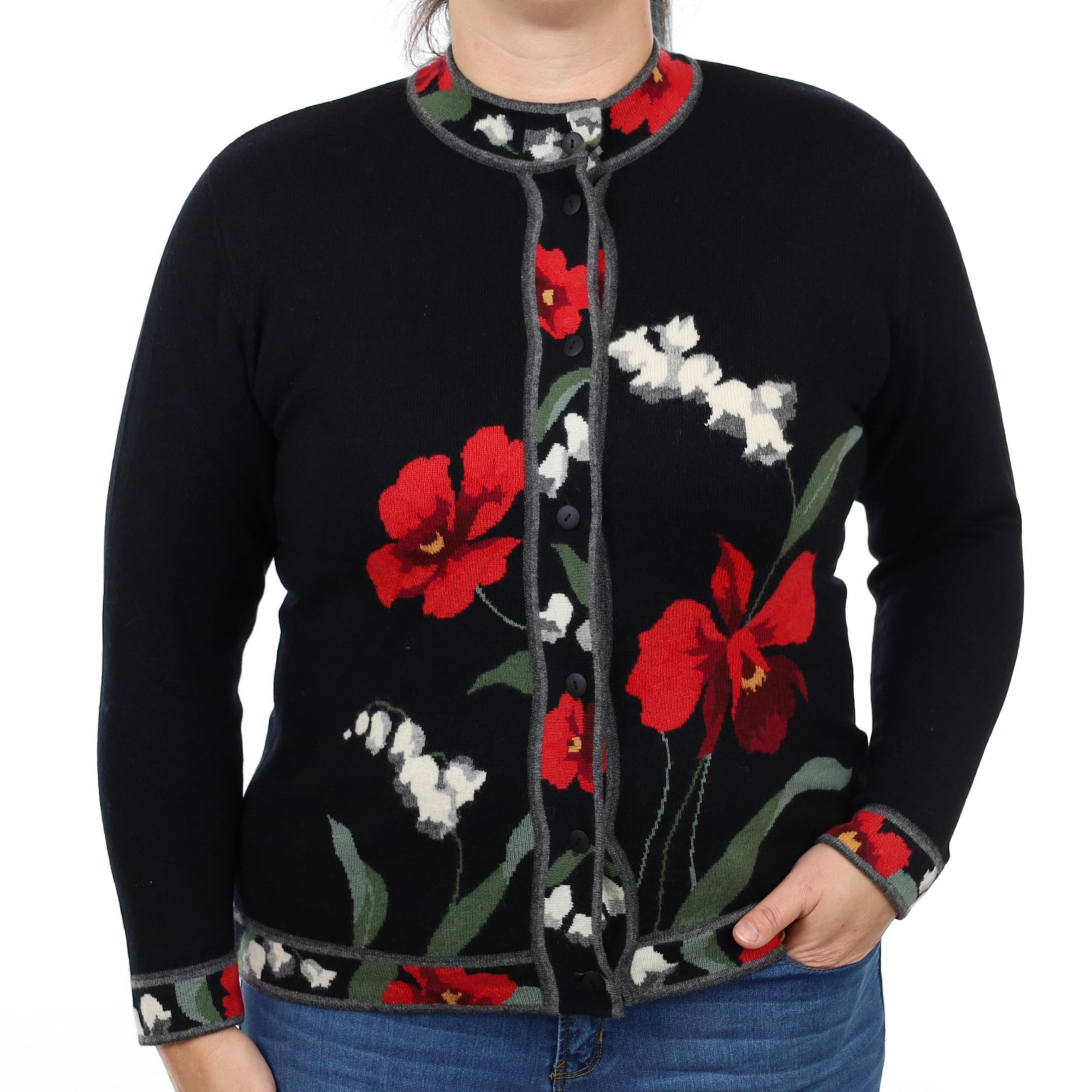 Black Floral Cashmere Funnel Neck Cardigan Large