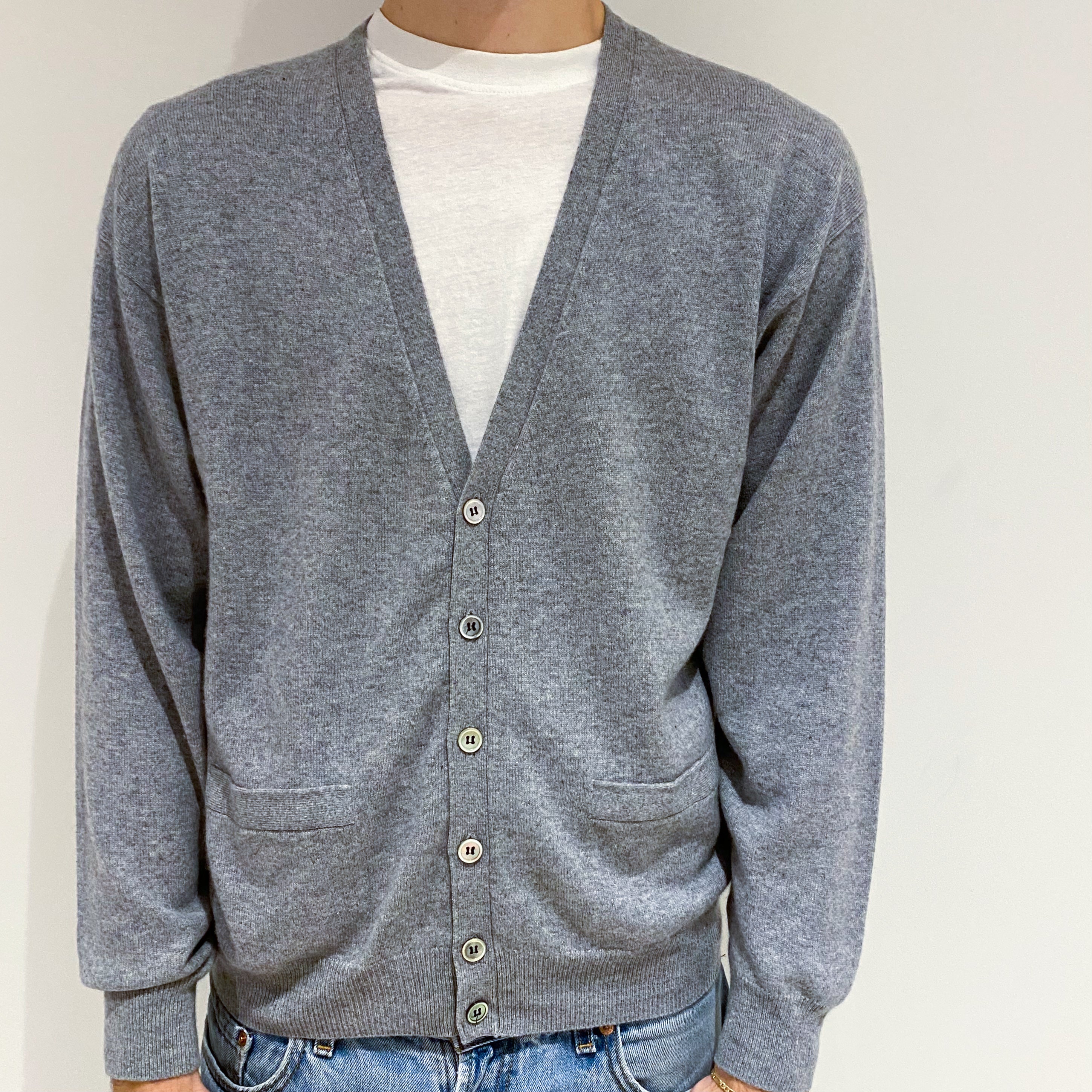 Men's Ash Grey Cashmere V-Neck Cardigan with Pockets Large