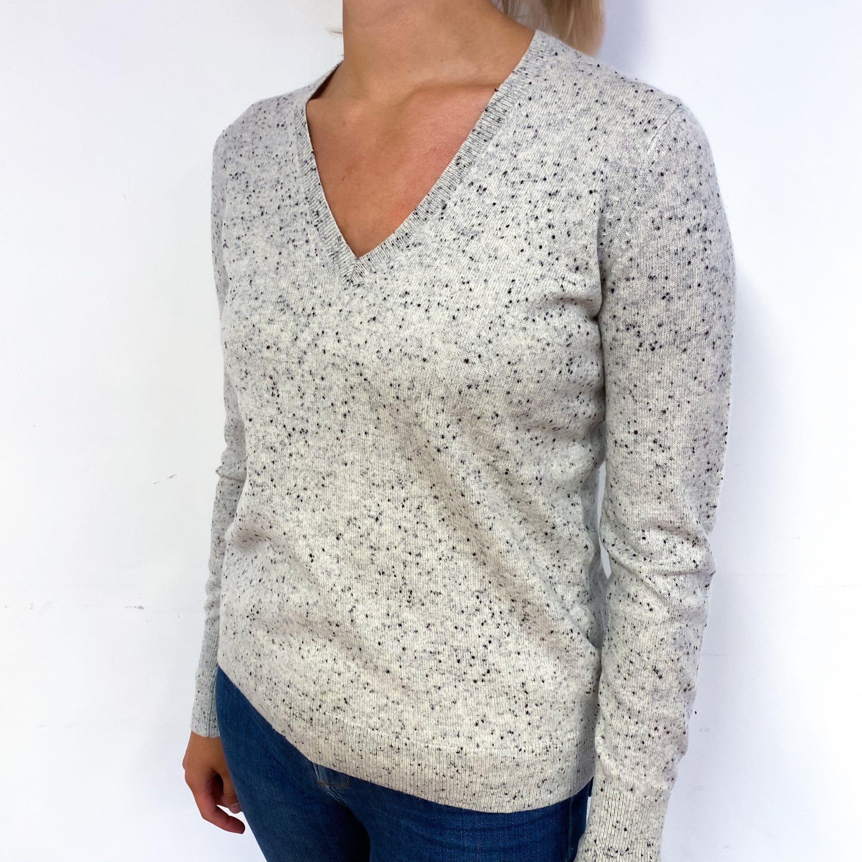 Mist Grey Flecked Cashmere V-Neck Jumper Small