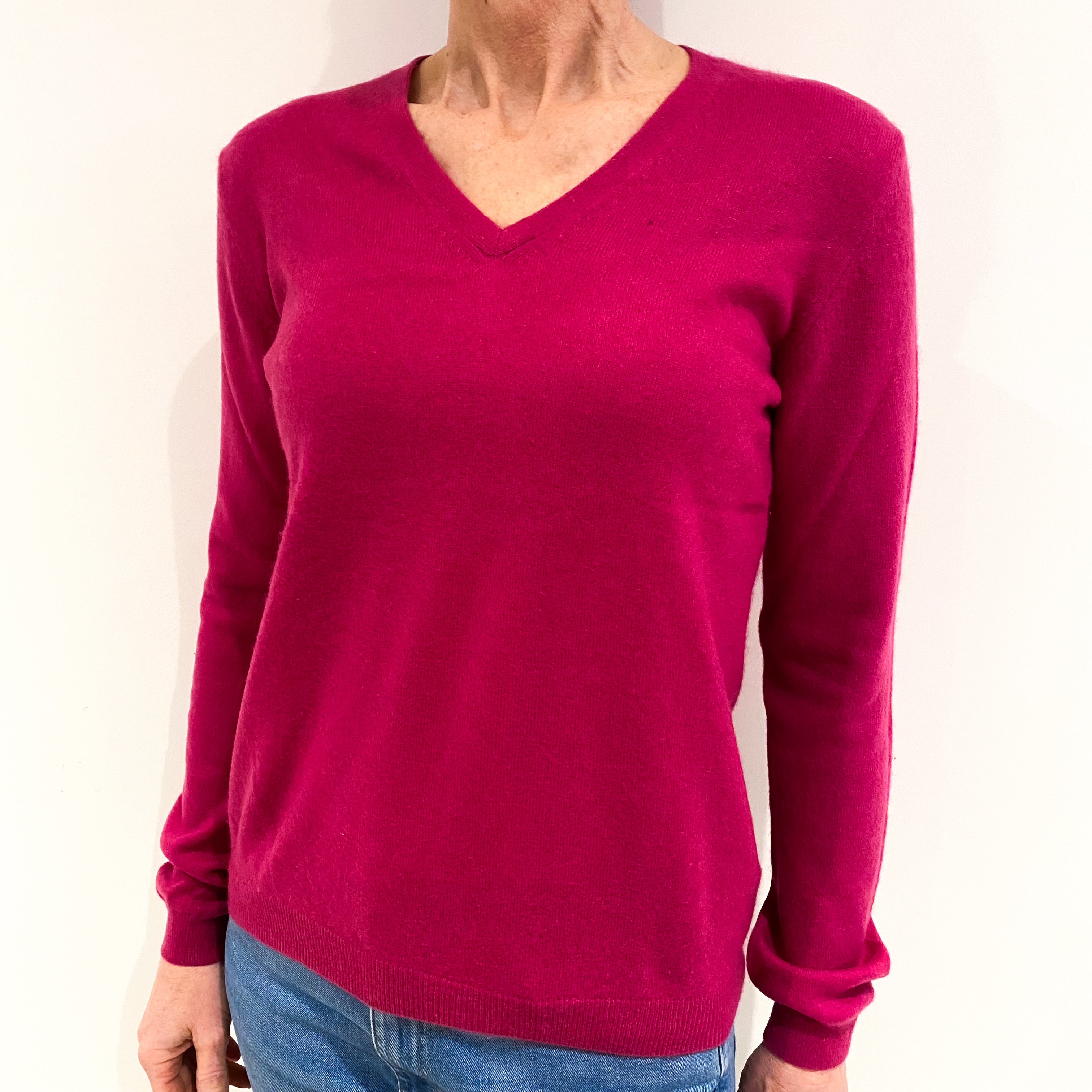 Fuchsia Pink Cashmere V Neck Jumper Small