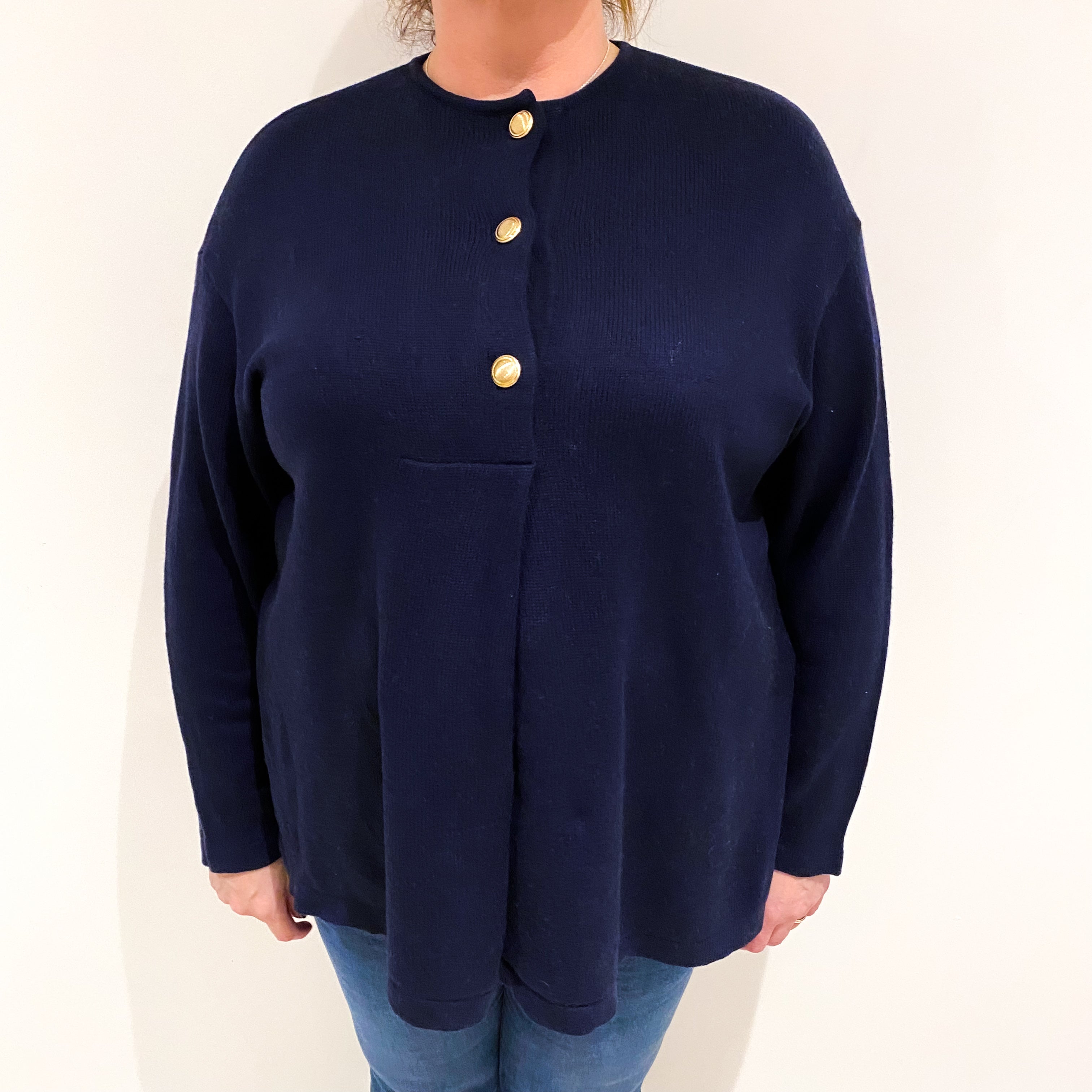 Gianfranco Ferre Navy Cashmere Buttoned Crew Neck Jumper Extra Large