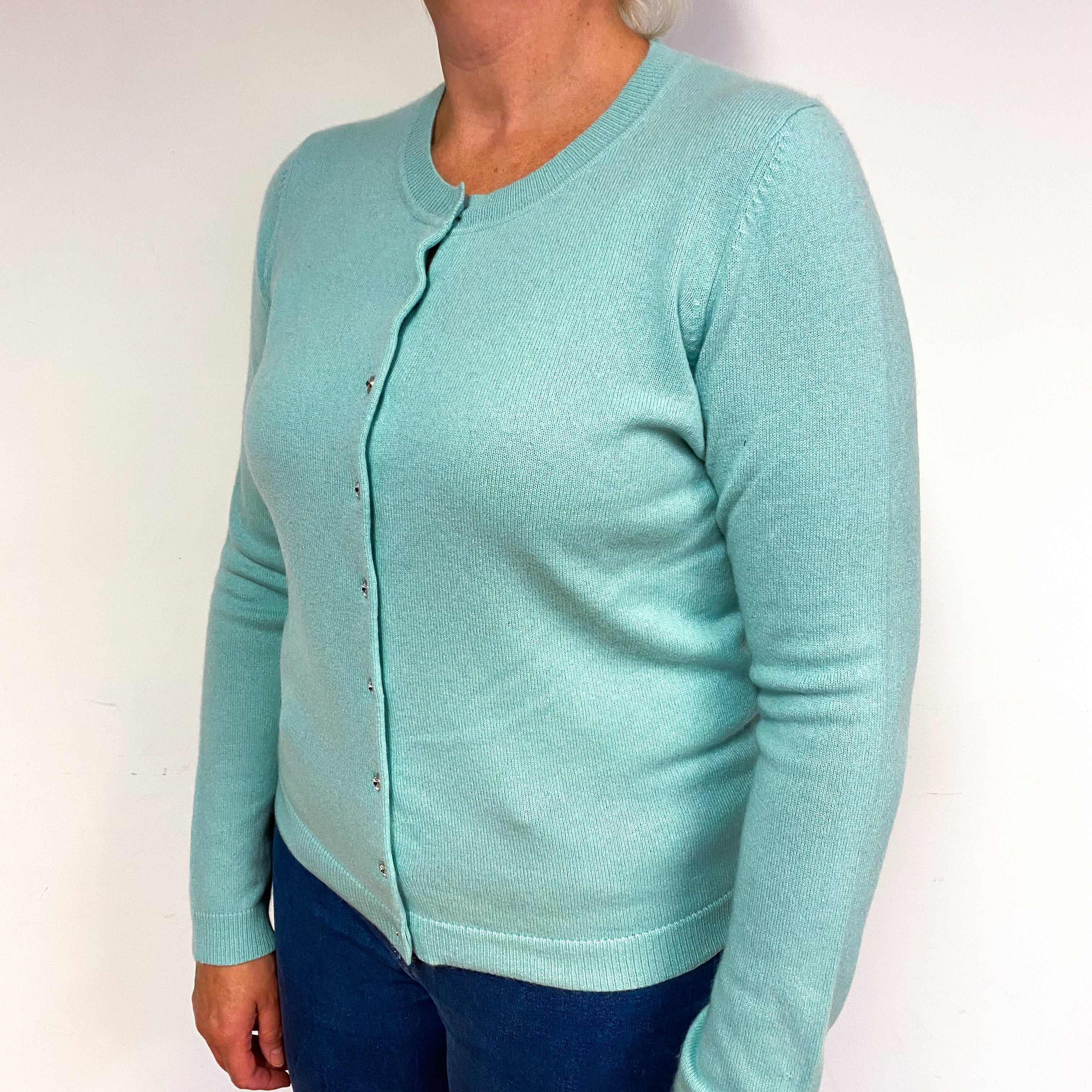 Mint Green Diamanté Button Cashmere Crew Neck Cardigan Large