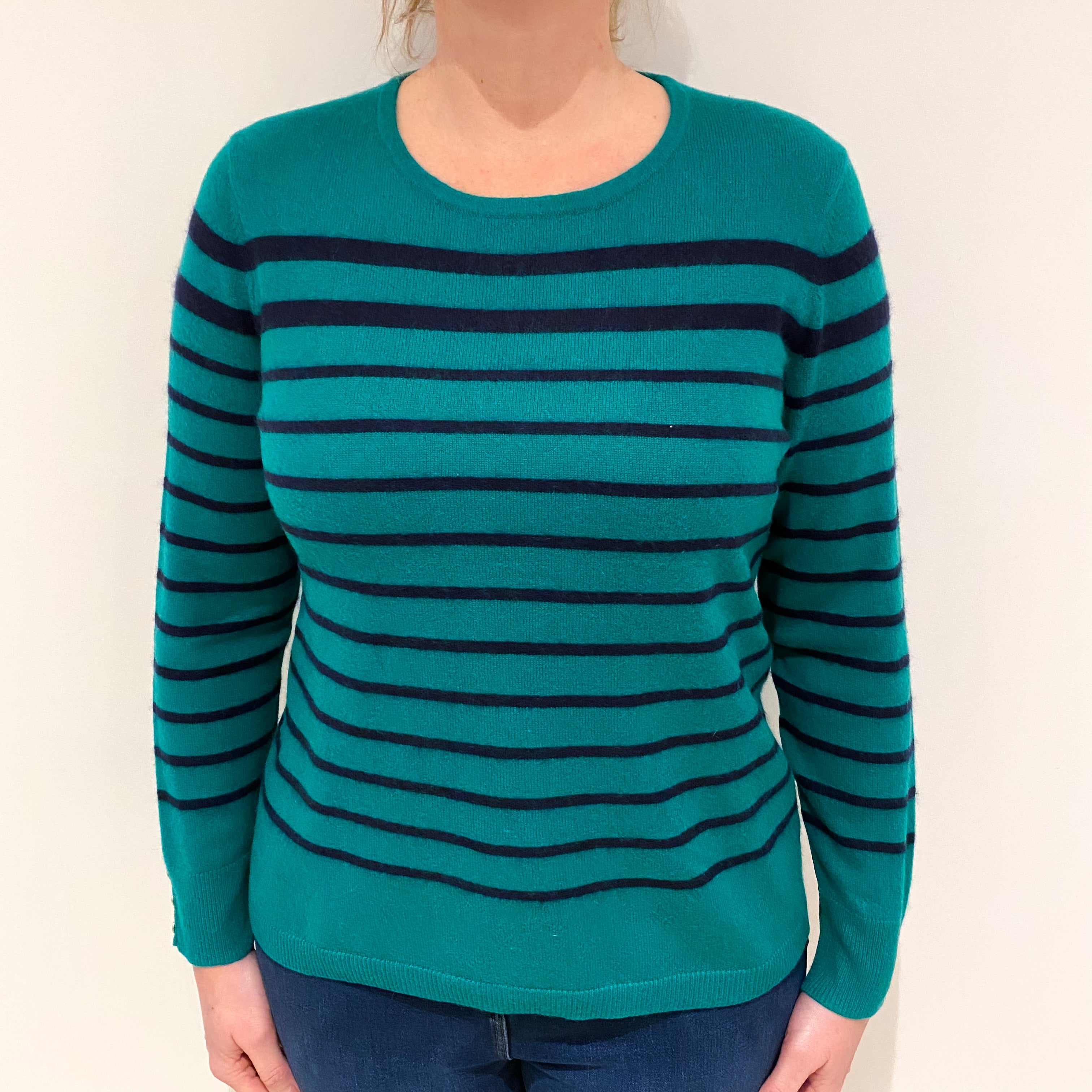 Emerald Green Navy Stripe Cashmere Crew Neck Jumper Large Petite