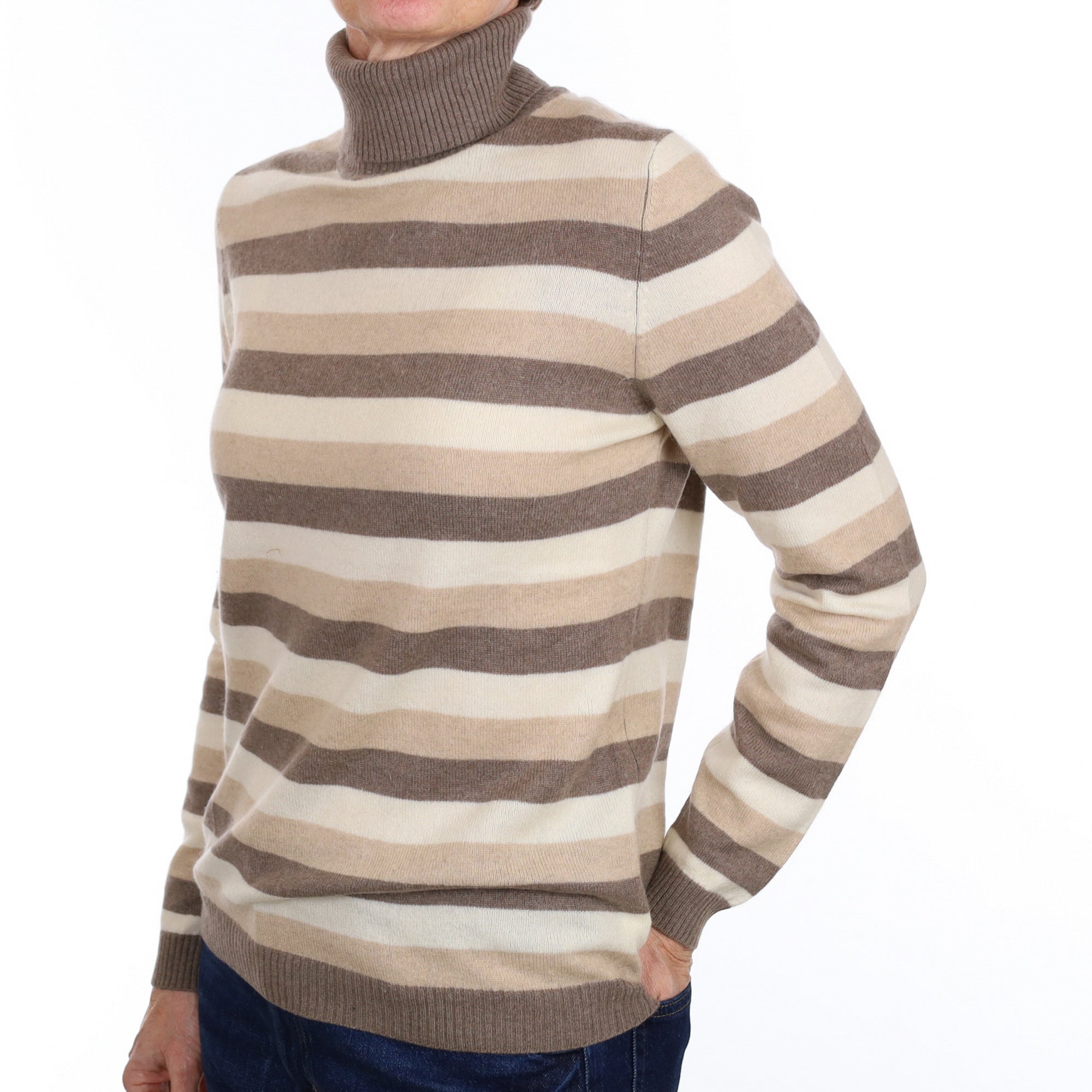 Brown and Cream Stripe Cashmere Polo Neck Jumper Small