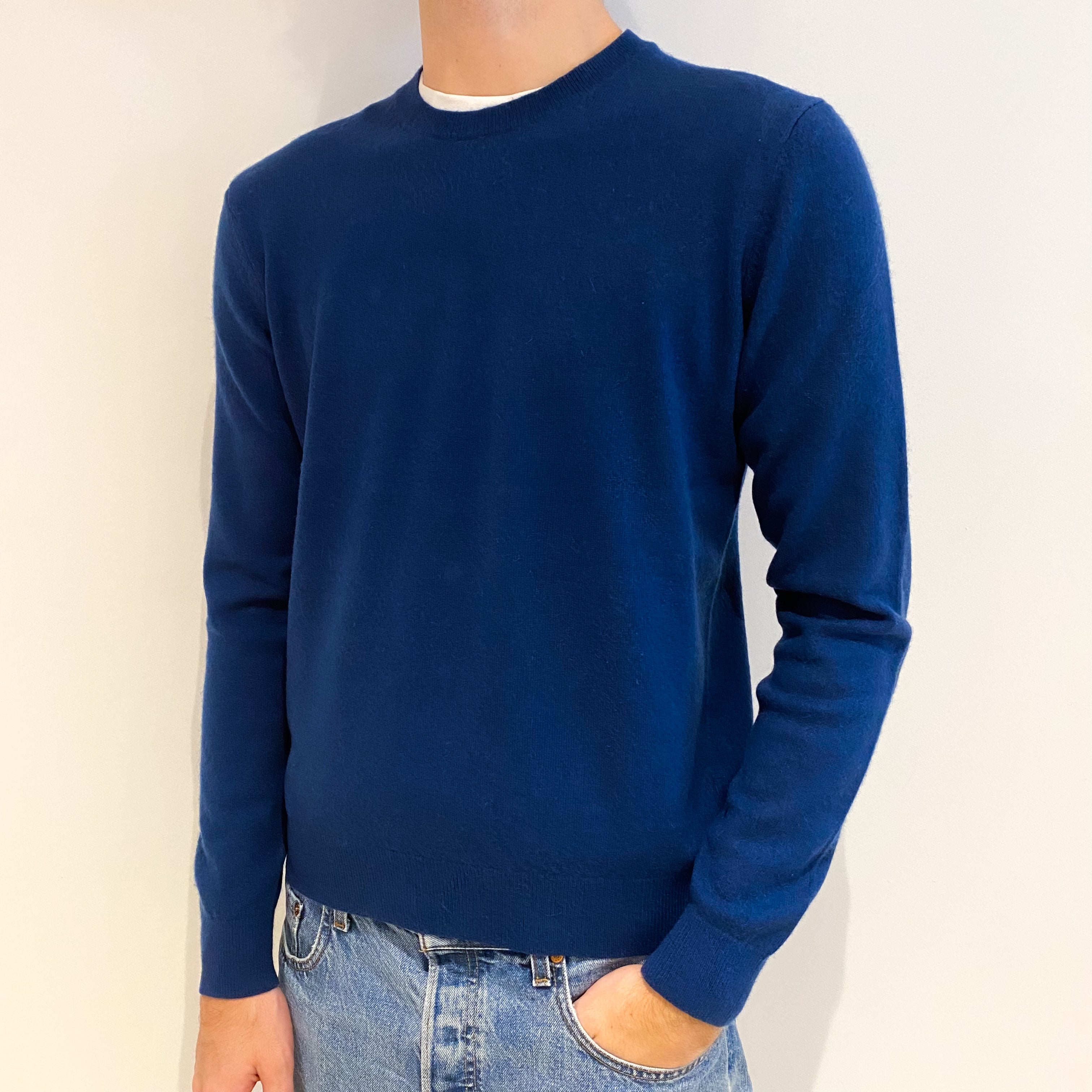Men's Aegean Blue Cashmere Crew Neck Jumper Medium