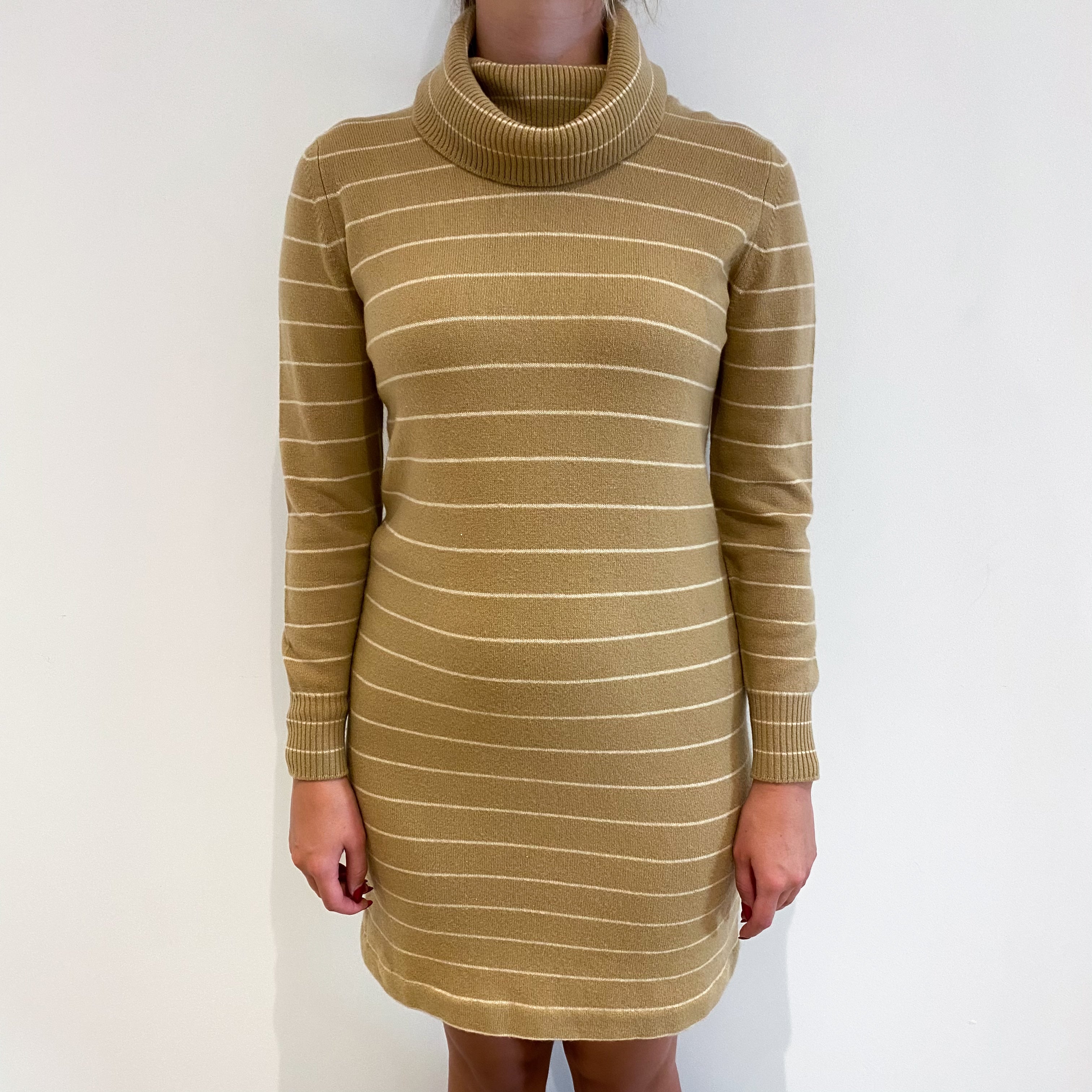 Vintage Jaeger Camel Striped Cashmere Cowl Neck Dress Small