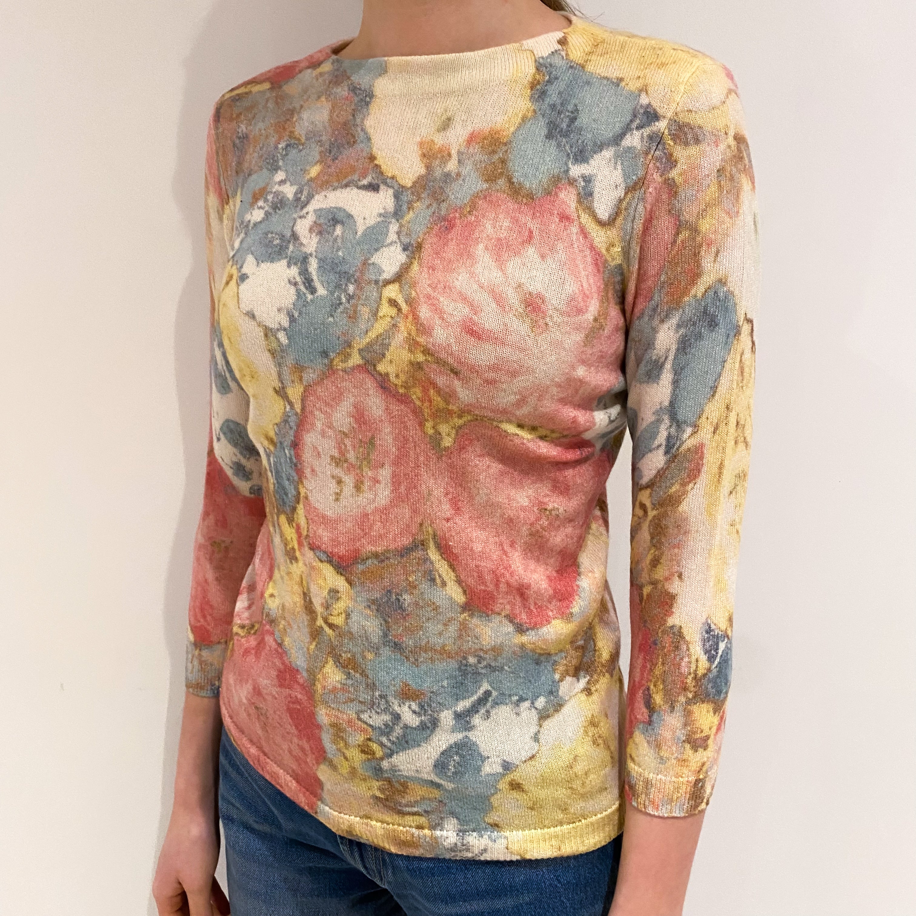 Pink and Blue Floral Cashmere Crew Neck Jumper Extra Small