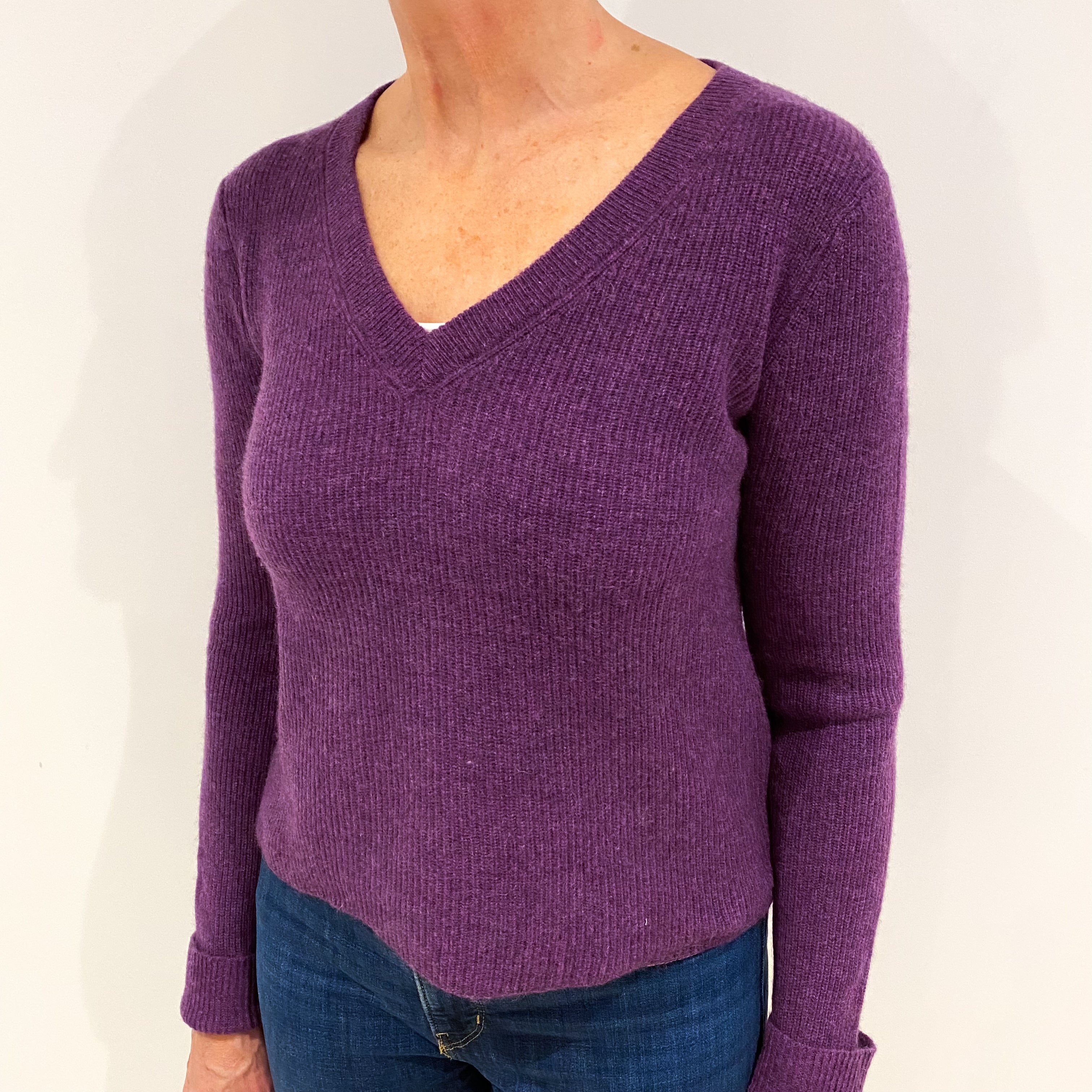 Viola Purple Cashmere V Neck Ribbed Jumper Medium