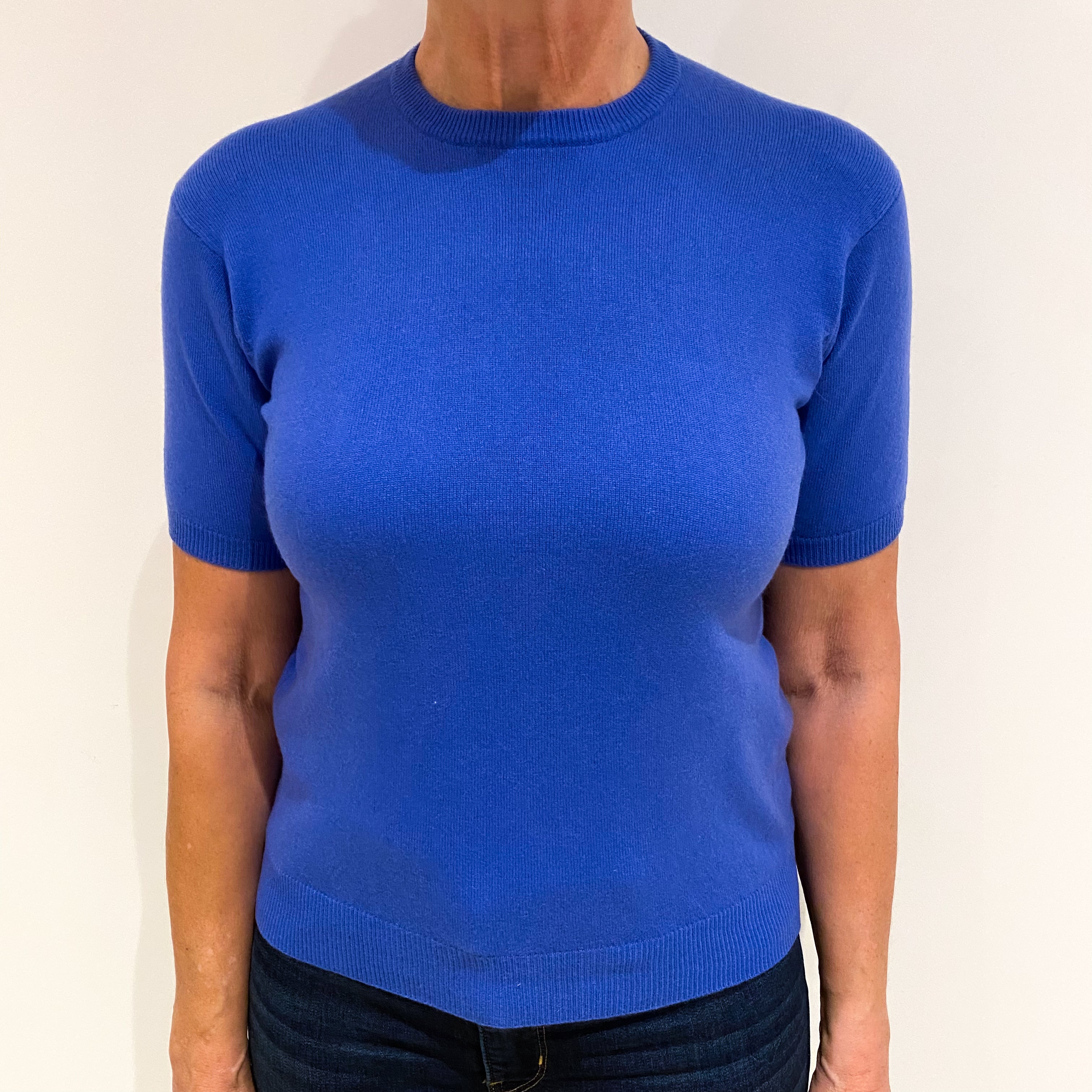 Tanzanite Blue Cashmere Short Sleeve Crew Neck Jumper Medium