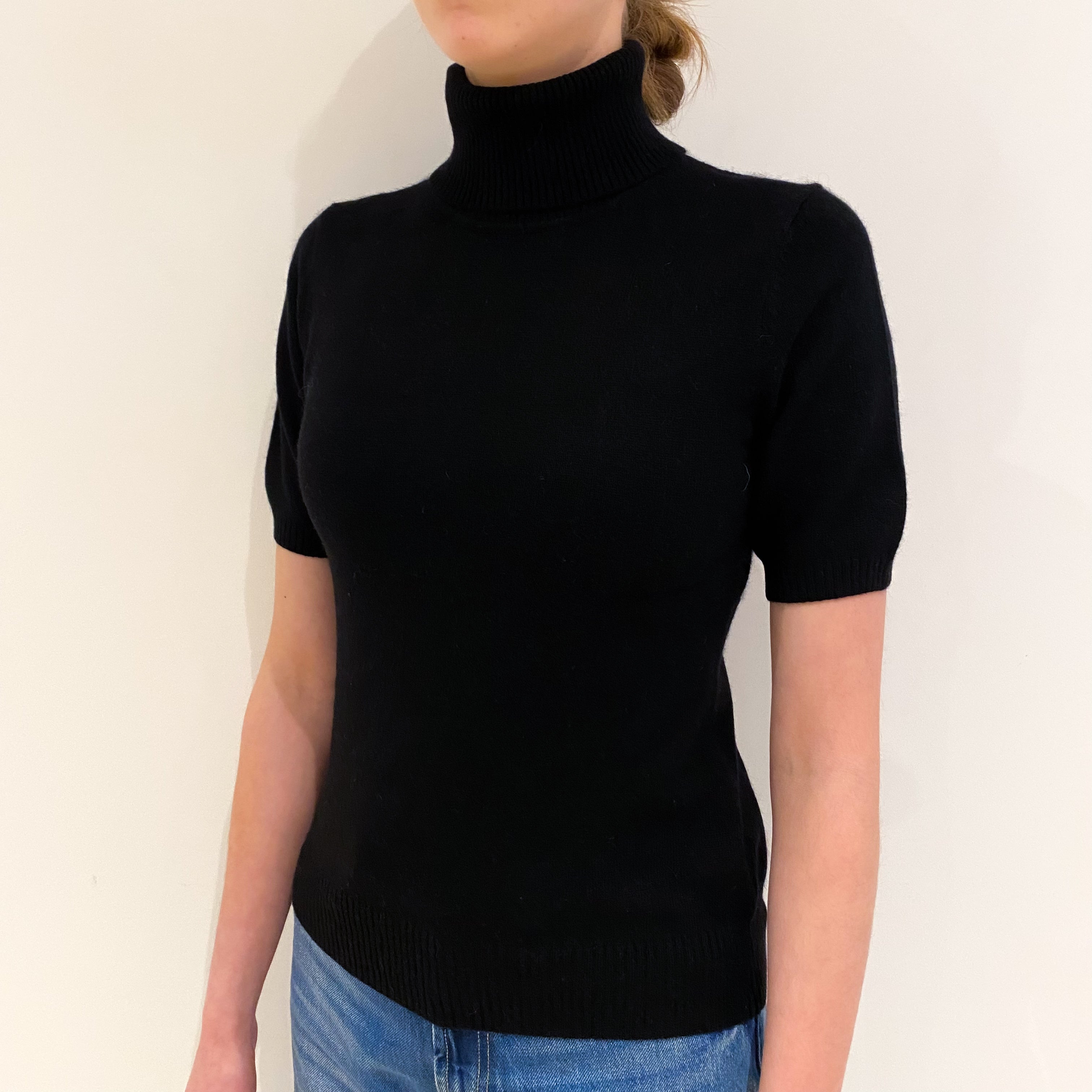 Black Cashmere Short Sleeve Polo Neck Jumper Extra Small