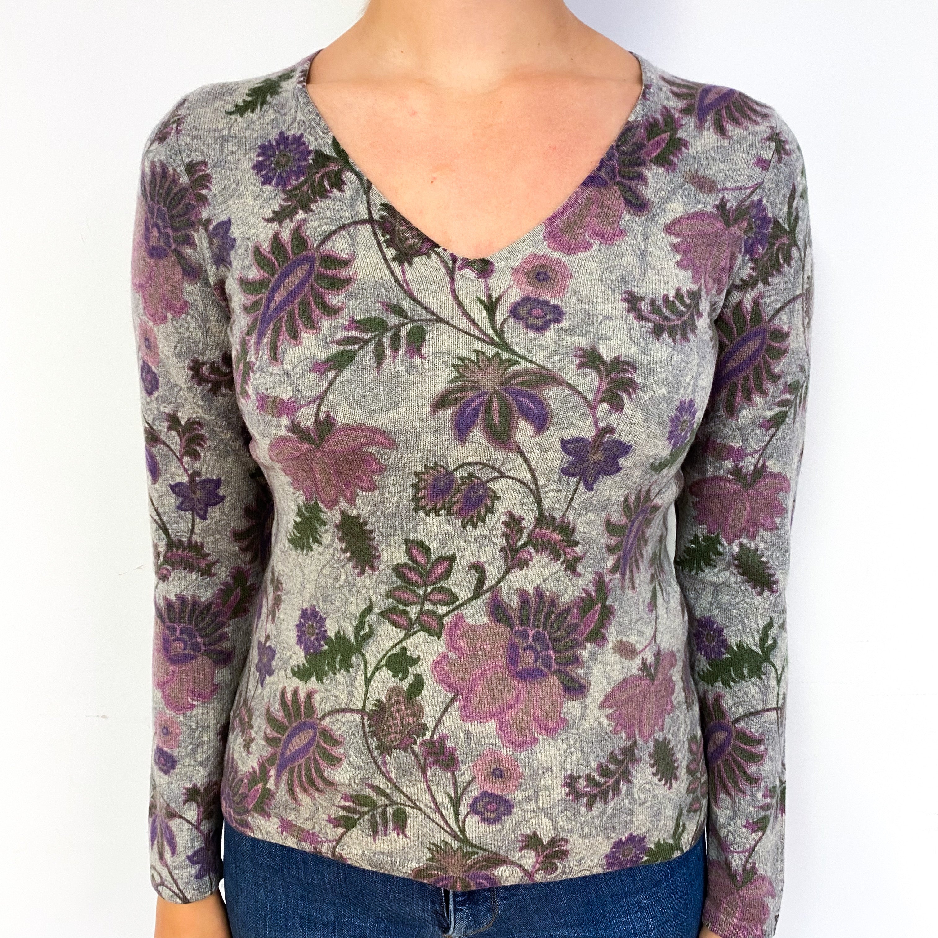 Grey Purple Floral Cashmere V-Neck Jumper Small