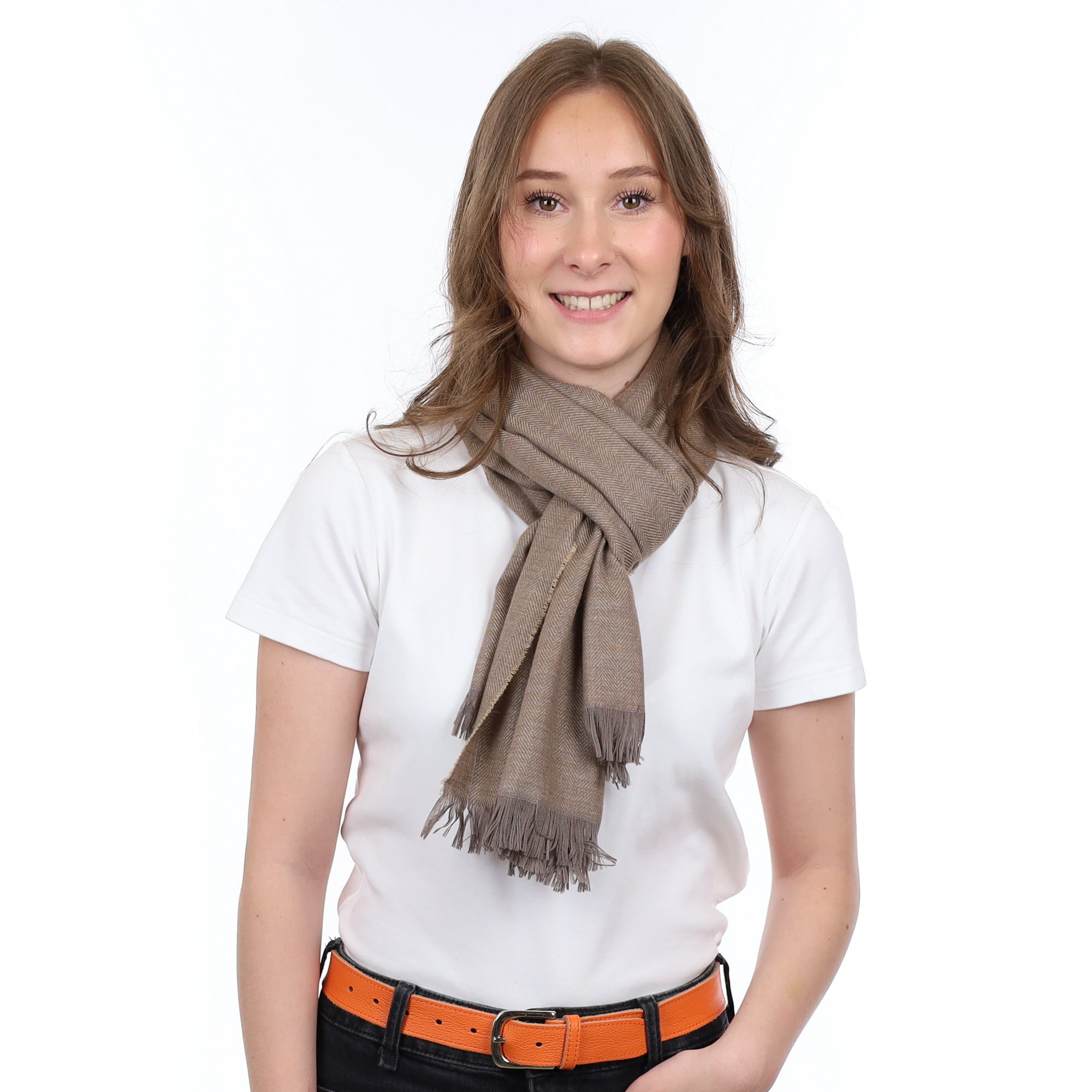 Brand New British Mocha & Camel Herringbone Luxury Woven Cashmere Mini Wrap