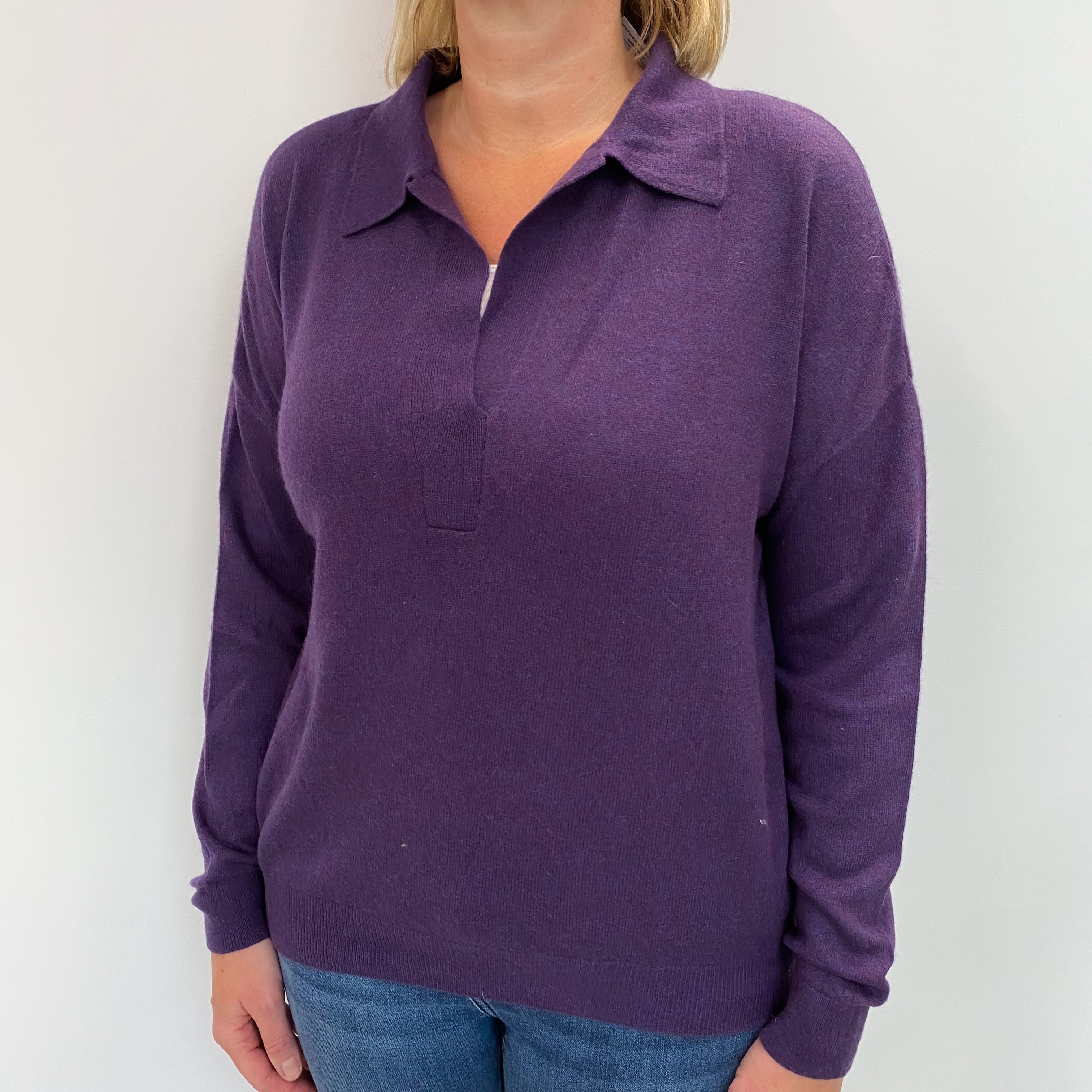 Grape Purple Marl Cashmere Collared V Neck Jumper Large