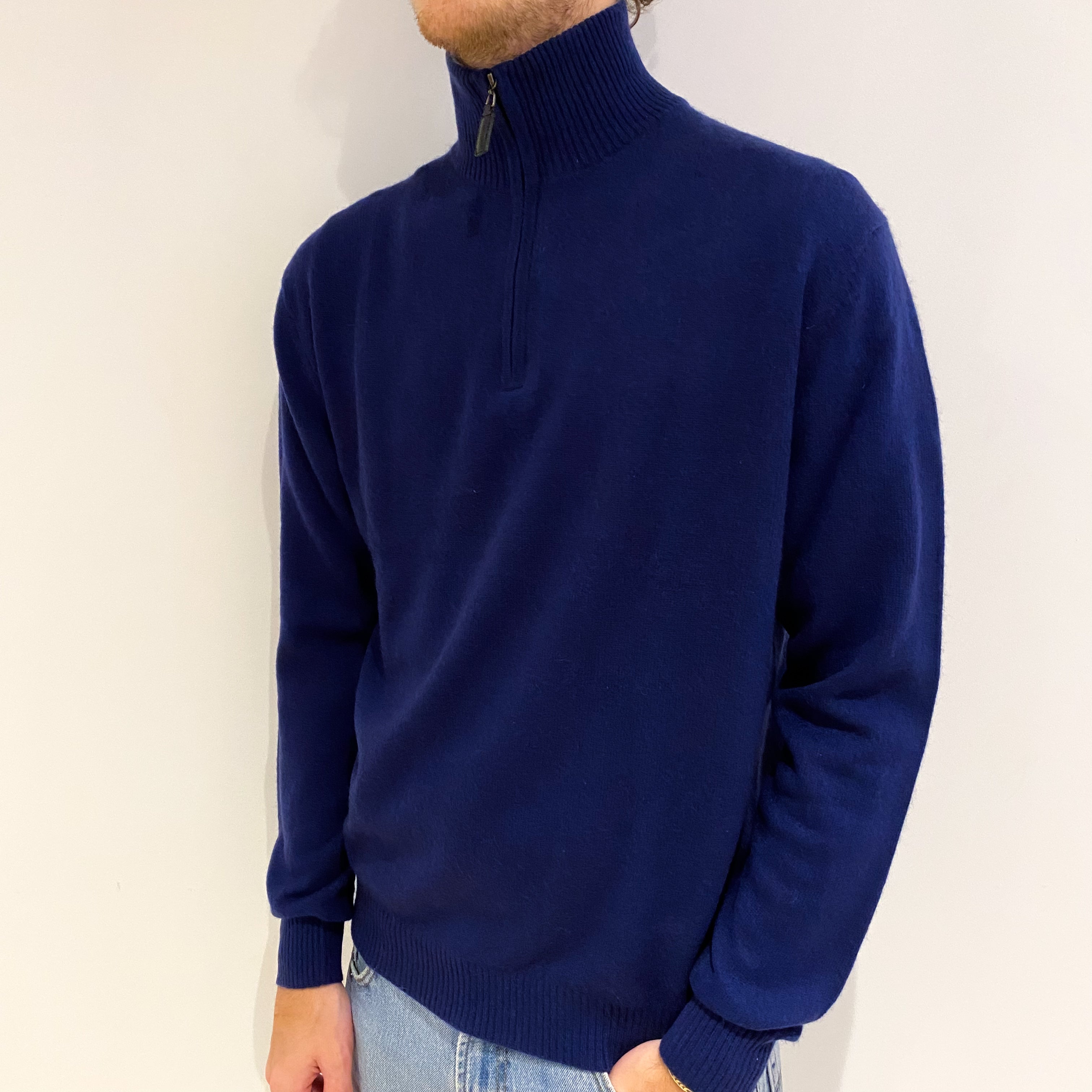Men's French Navy Cashmere Funnel Neck Jumper Medium