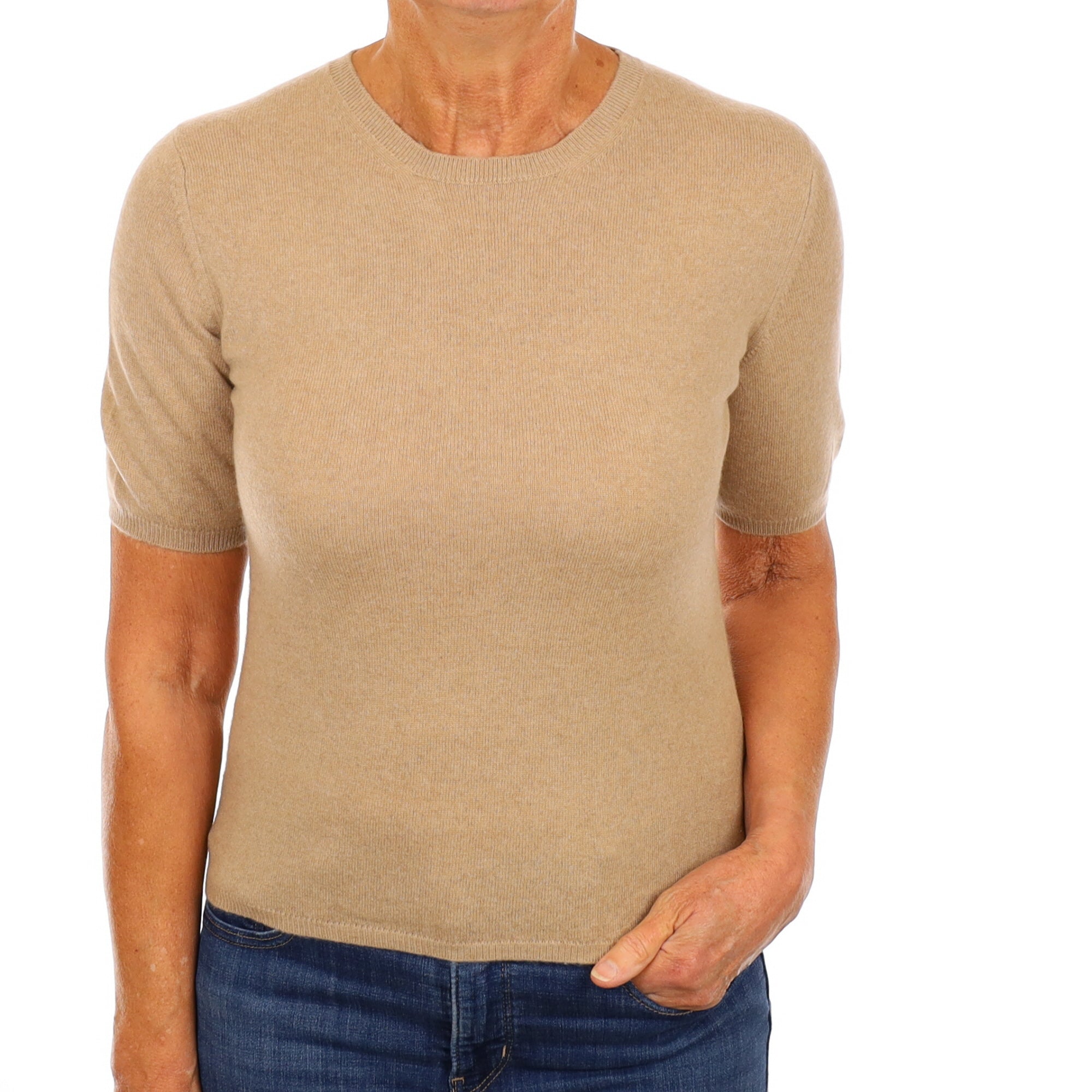 Italian Fudge Brown Cashmere Crew Neck Short Sleeve Jumper Medium