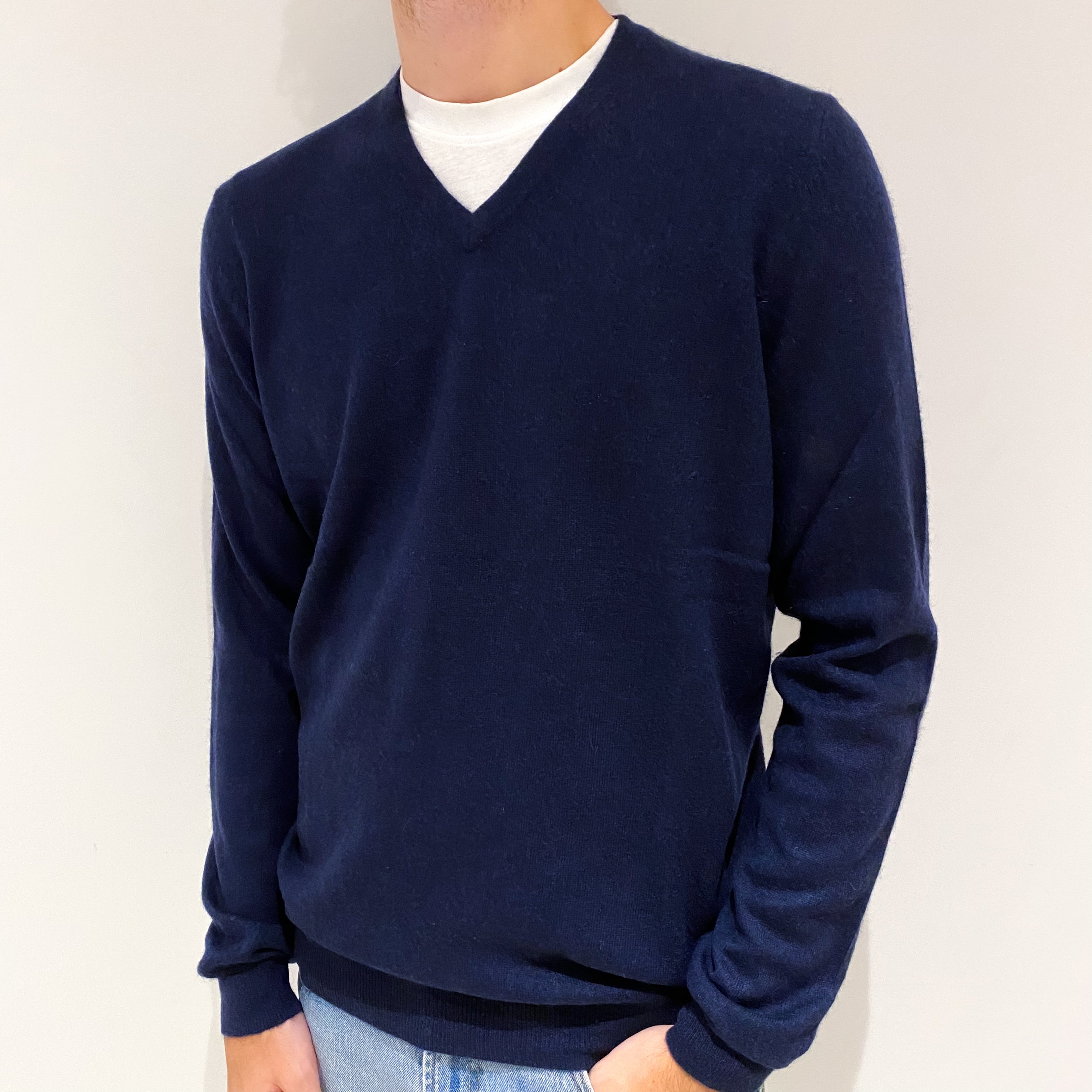 Men's Airforce Blue Cashmere V-Neck Jumper Large