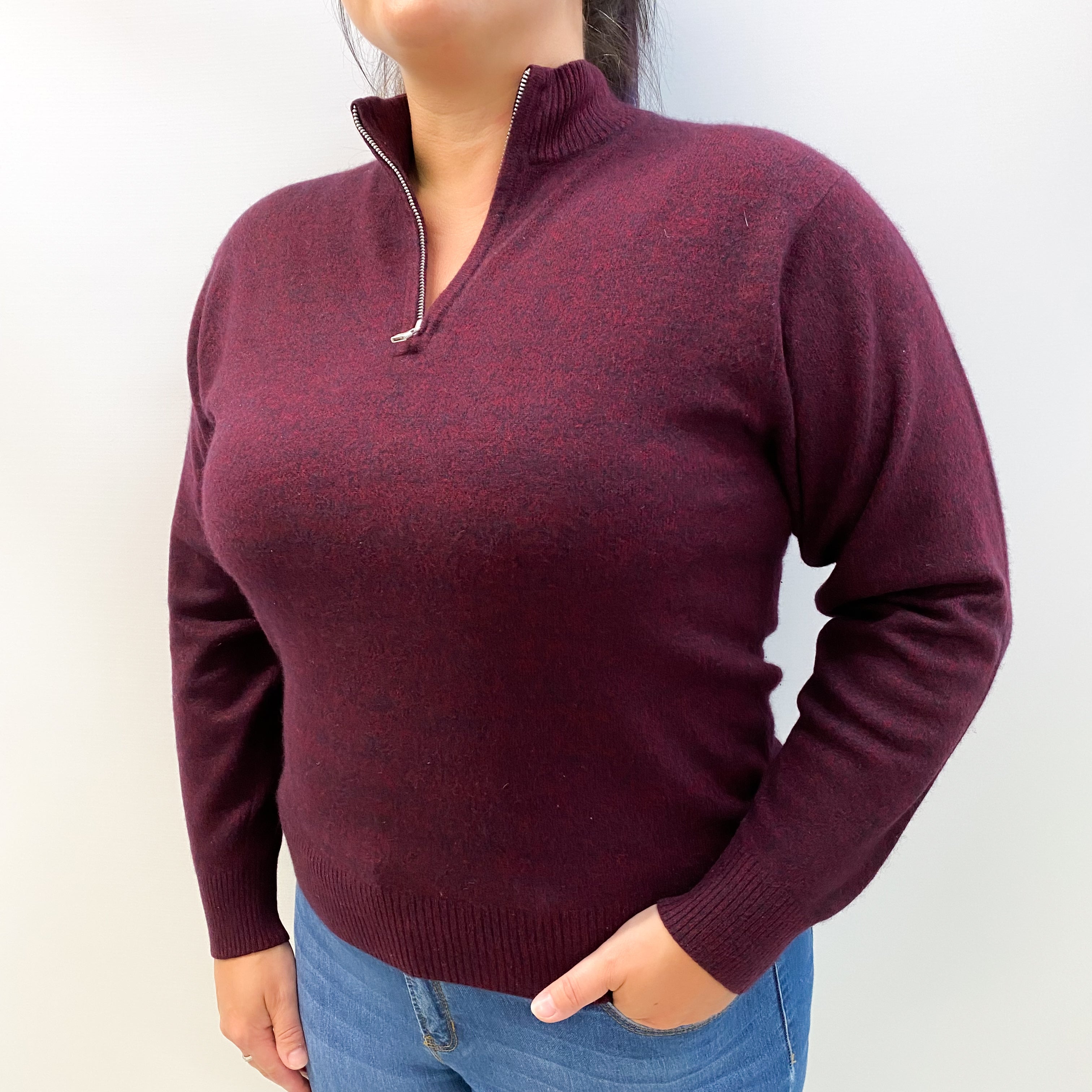 Wine Marl Cashmere 1/4 Zip Jumper Large