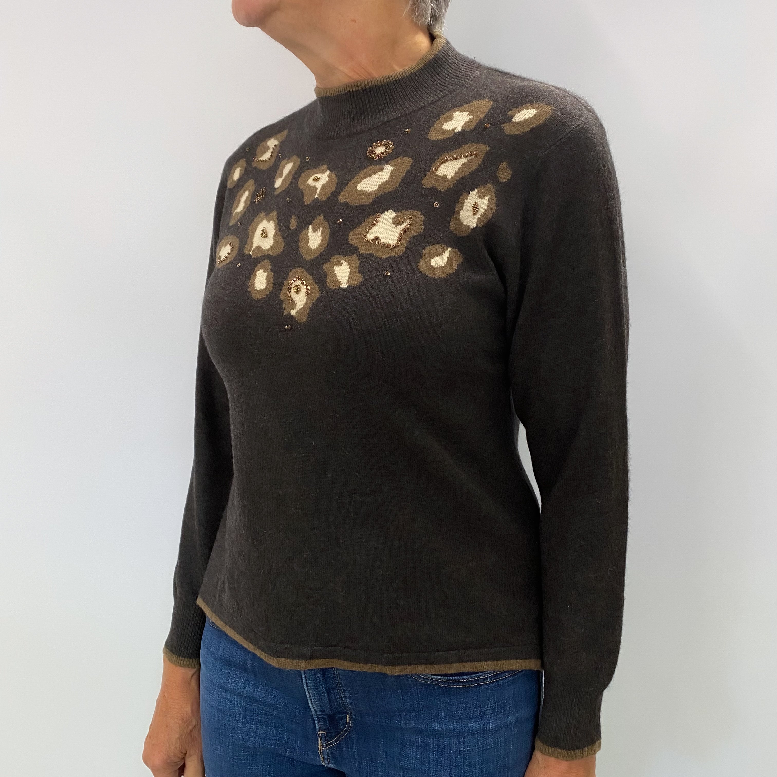 Mole Brown Patterned Cashmere Turtle Neck Jumper Medium