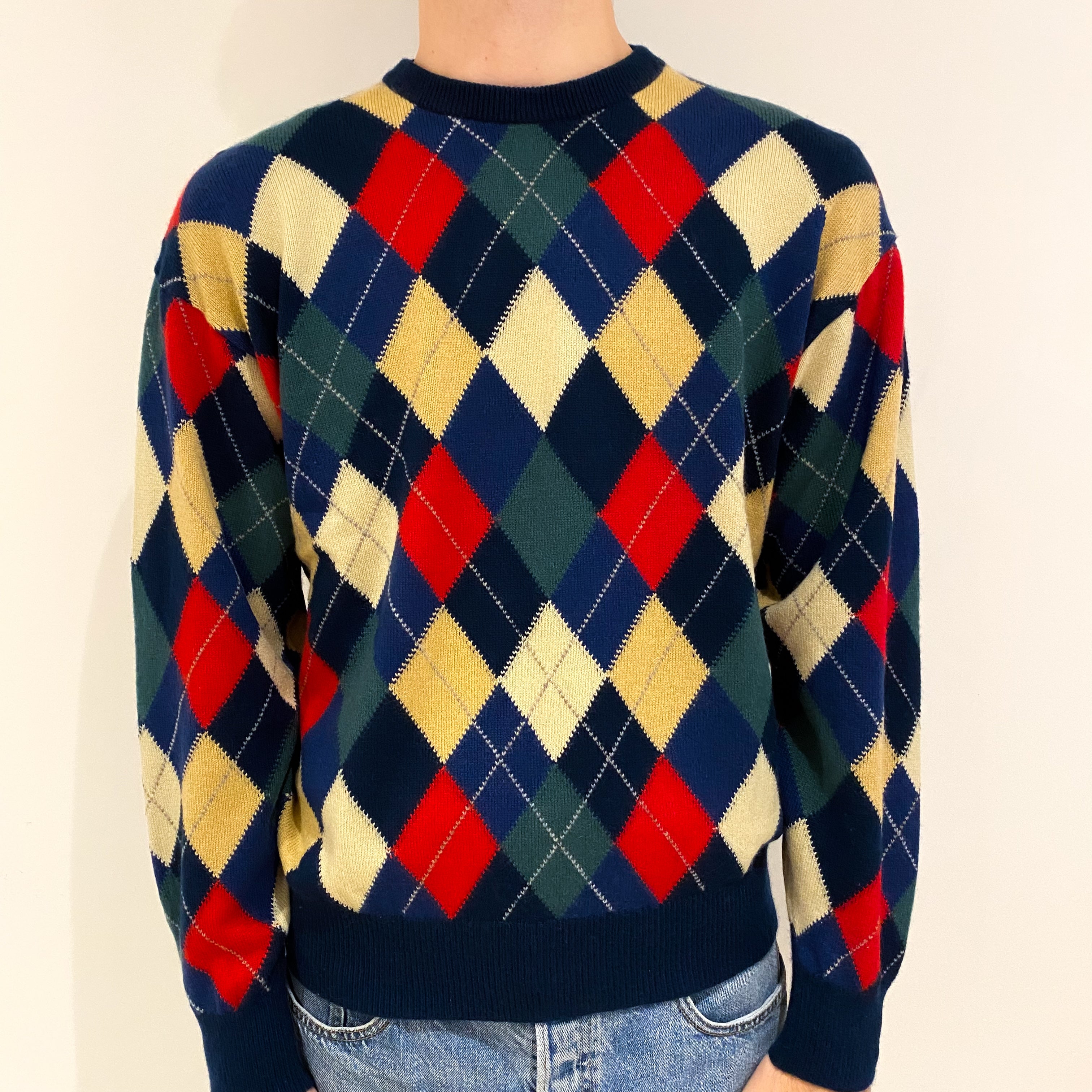 Men's Colourful Harlequin Cashmere Crew Neck Jumper Large