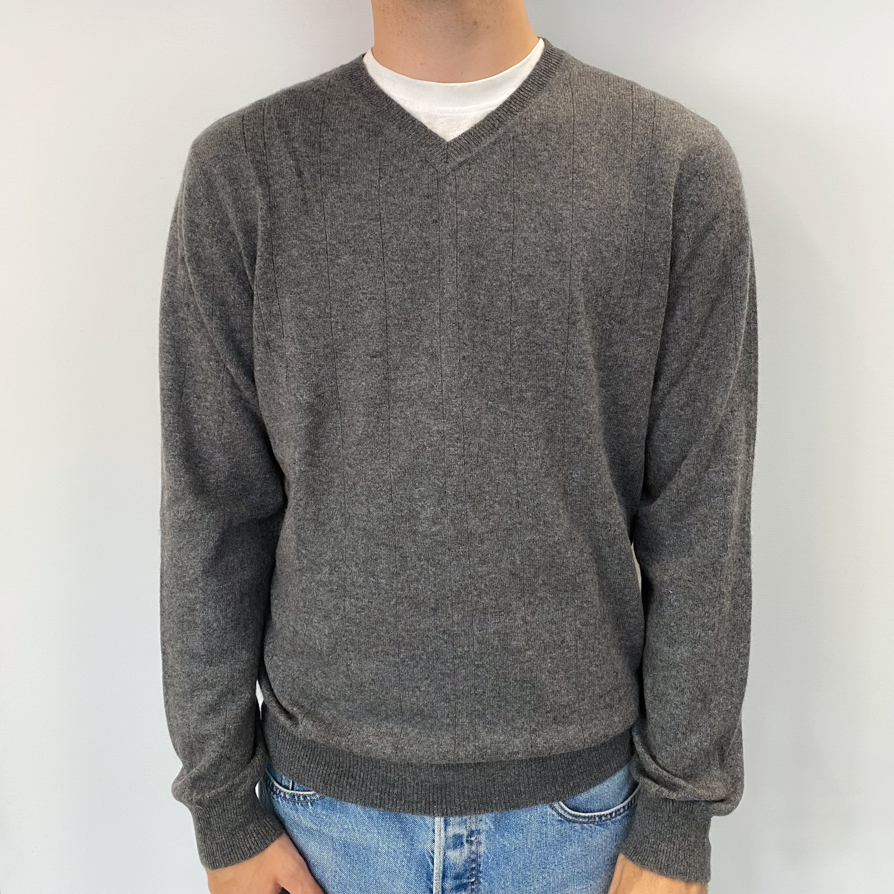 Men's Slate Grey Cashmere V Neck Jumper Large