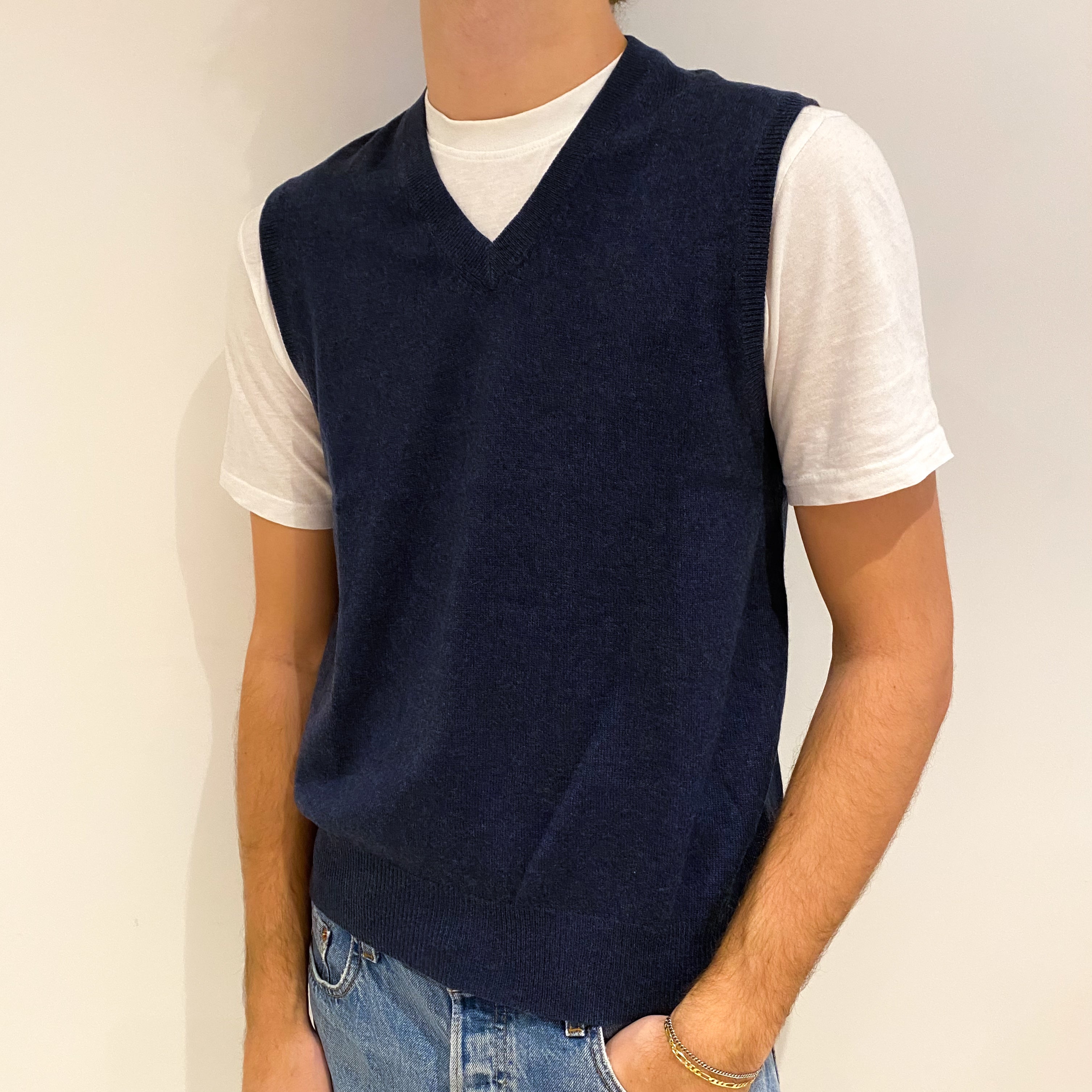 Men's Dark Denim Blue Cashmere V Neck Tank Top Medium
