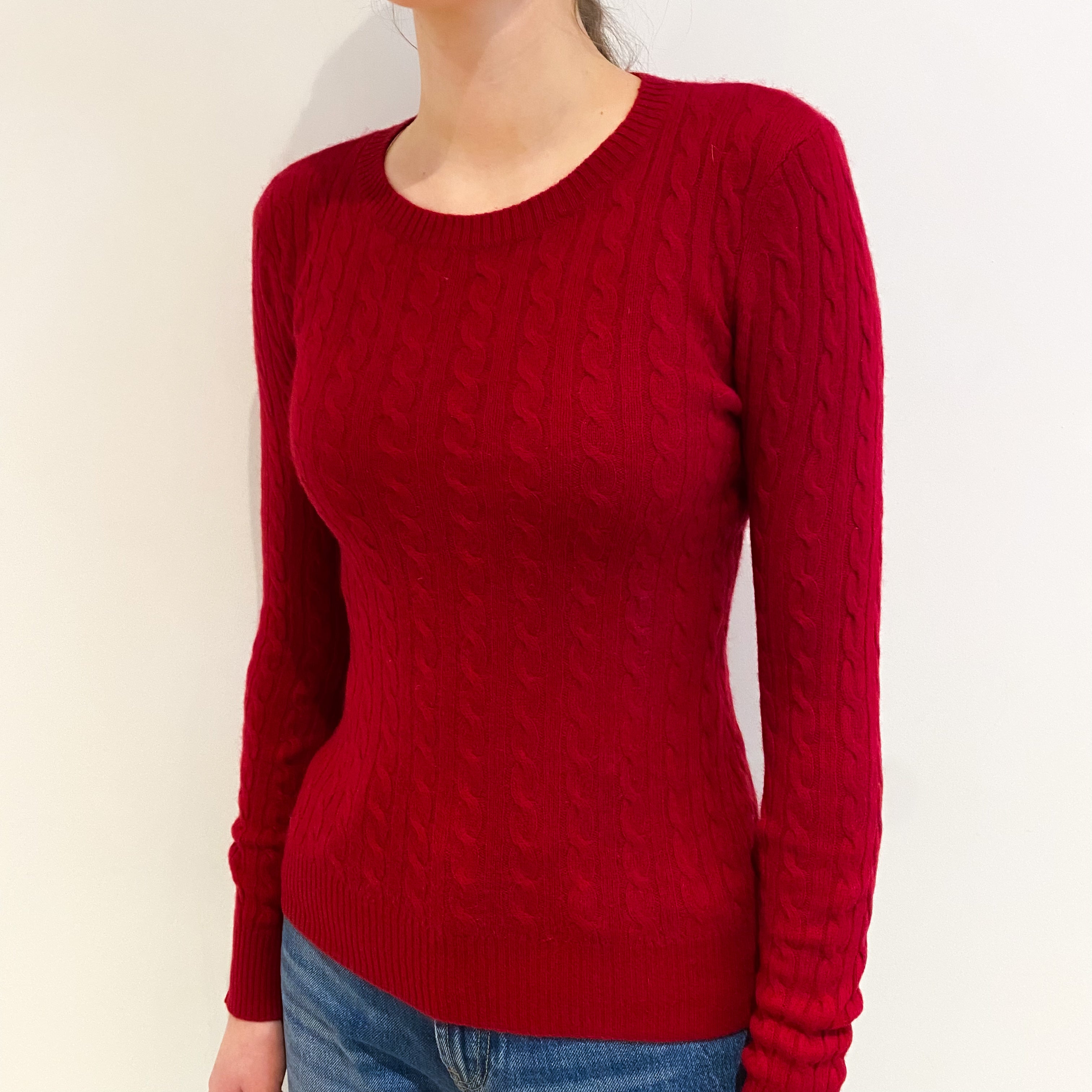 Crimson Red Cable Cashmere Crew Neck Jumper Extra Small