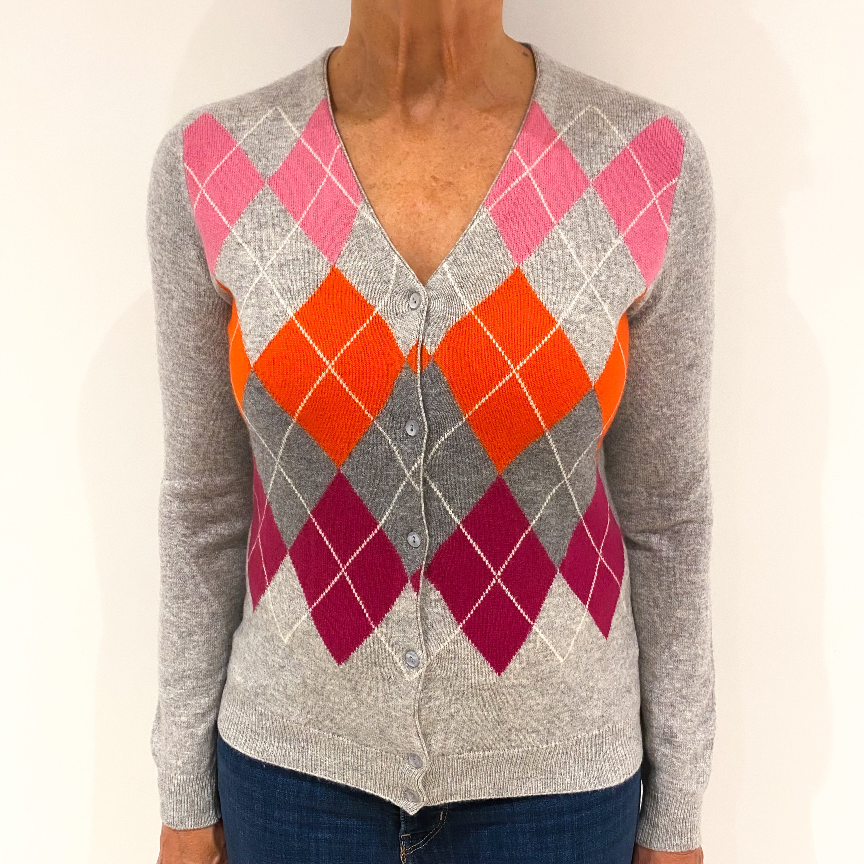 Smoke Grey Argyle Front Cashmere V-Neck Cardigan Medium