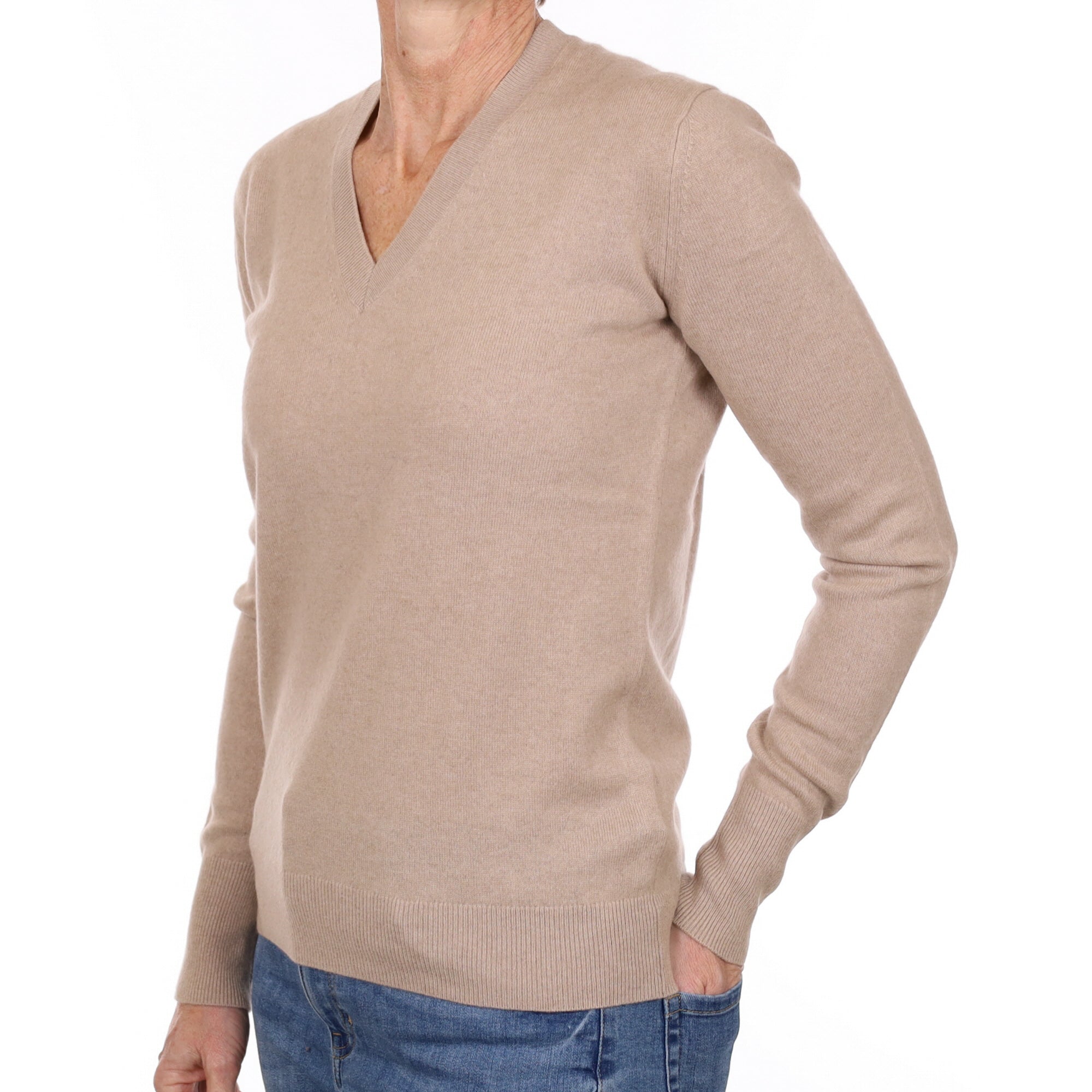Fawn Brown Cashmere V Neck Jumper Small