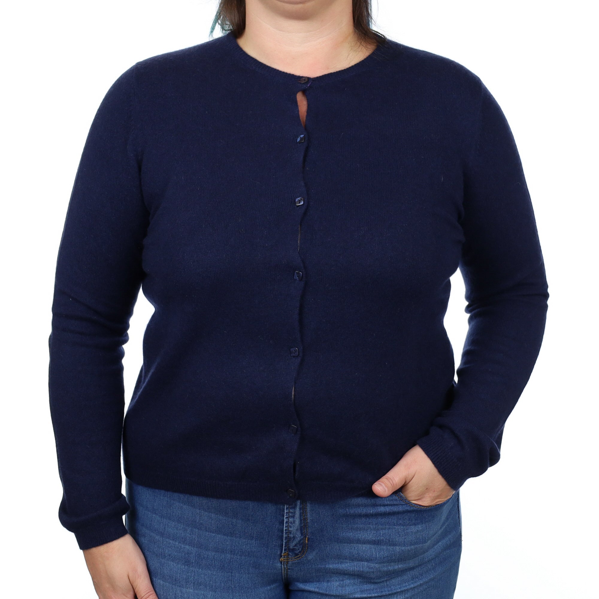 Navy Blue Cashmere Crew Neck Cardigan Large