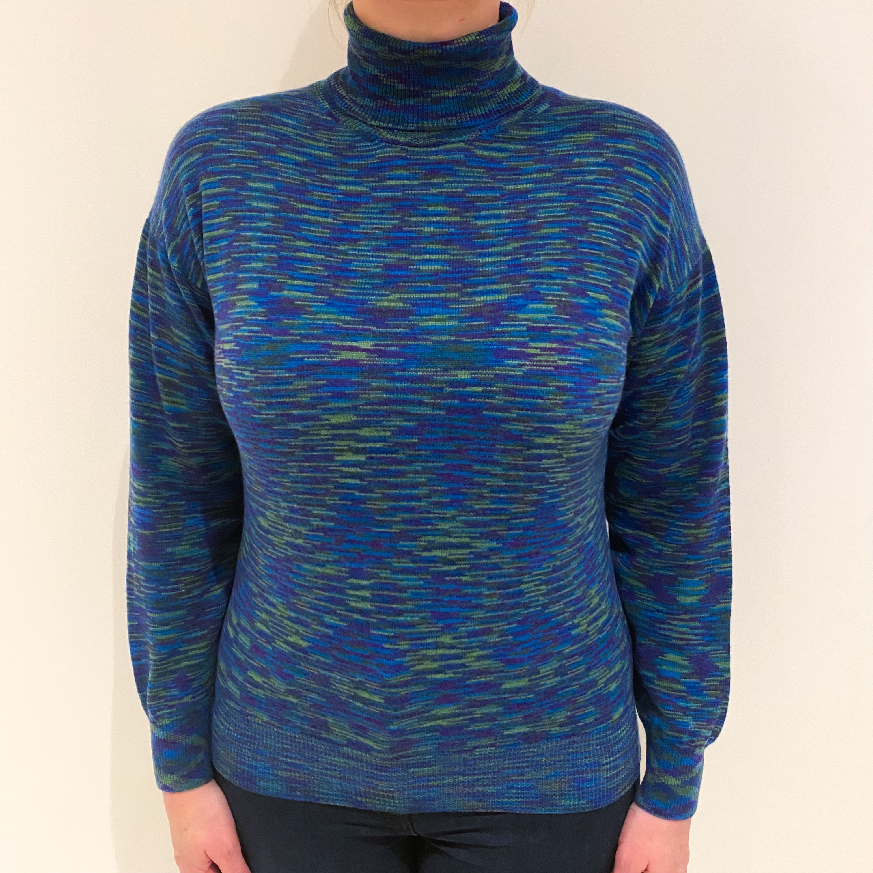 Blue Multicolour Cashmere Polo Neck Jumper Large