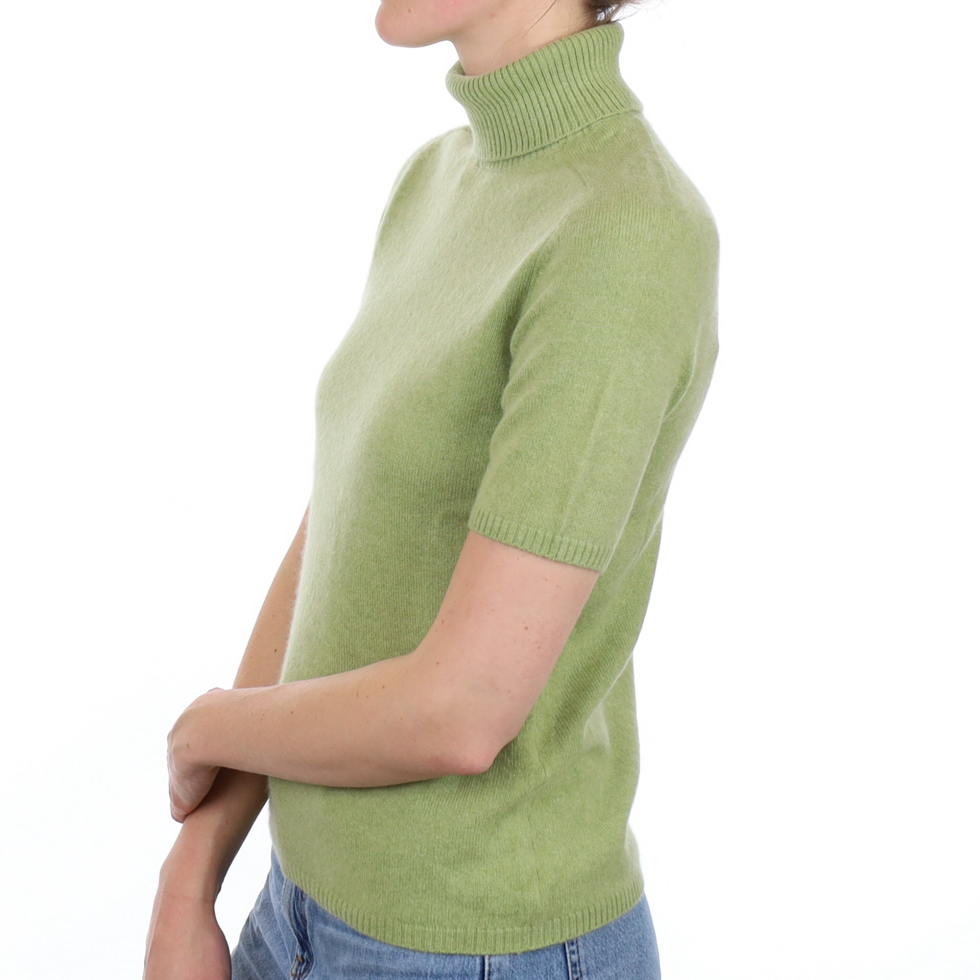 Pistachio Green Cashmere Short Sleeve Polo Neck Jumper Small