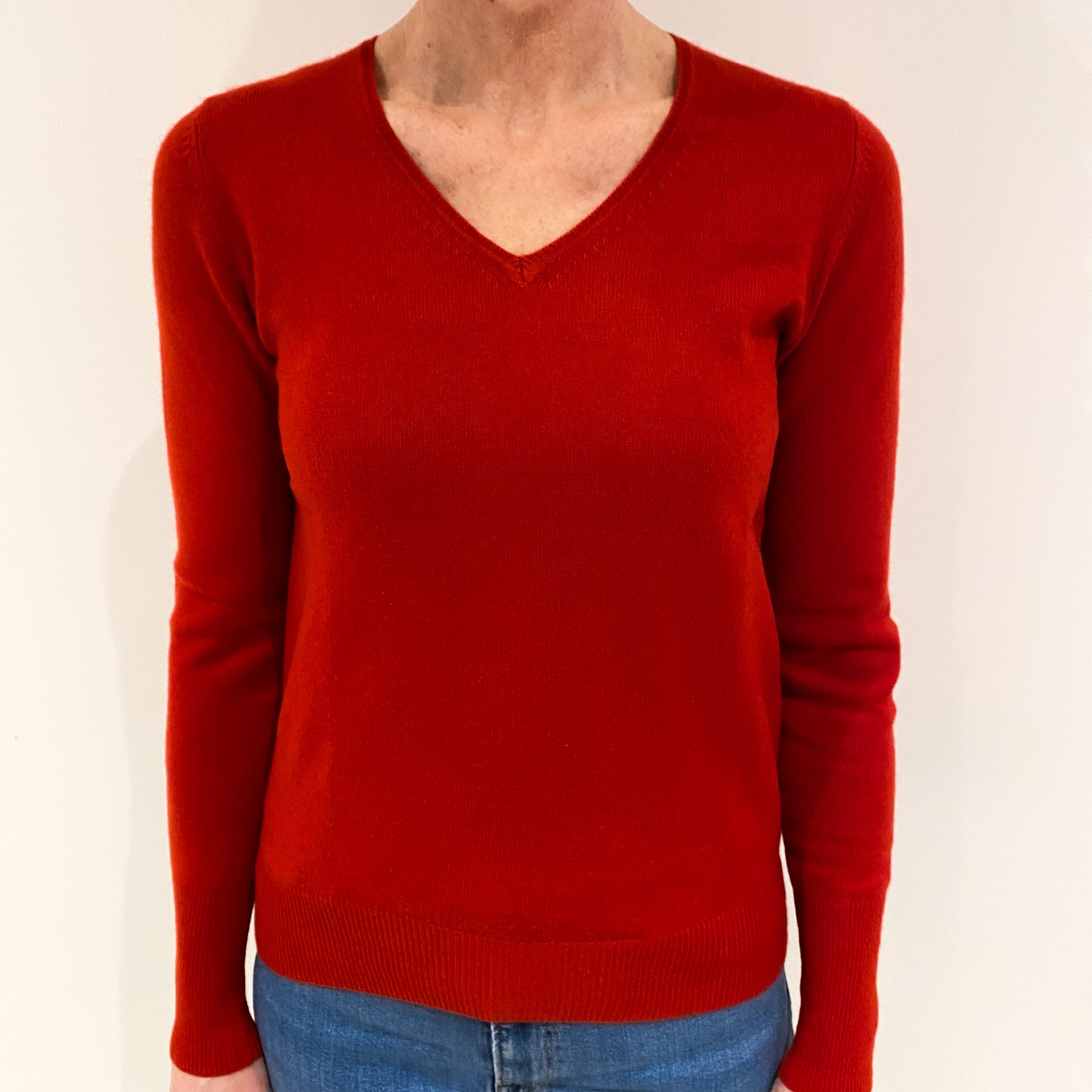 Tomato Red Cashmere V Neck Jumper Small