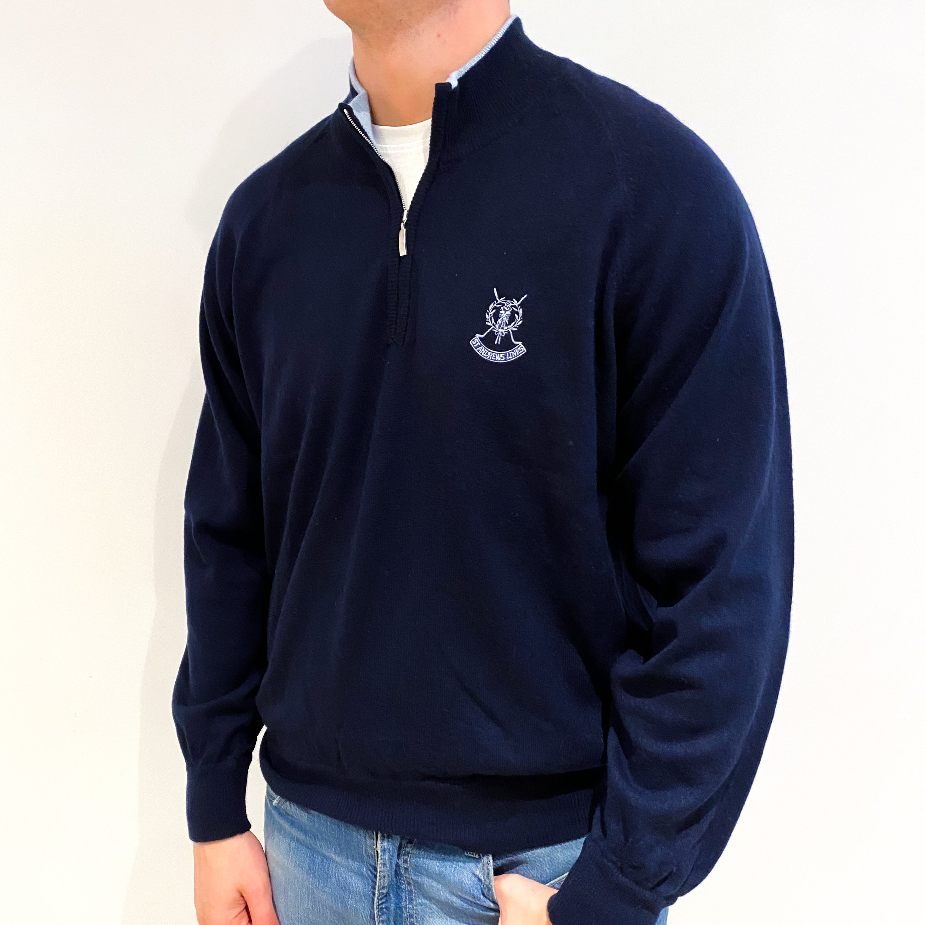 Men's Scottish Navy Blue Cashmere 1/4 Zip Jumper XXL