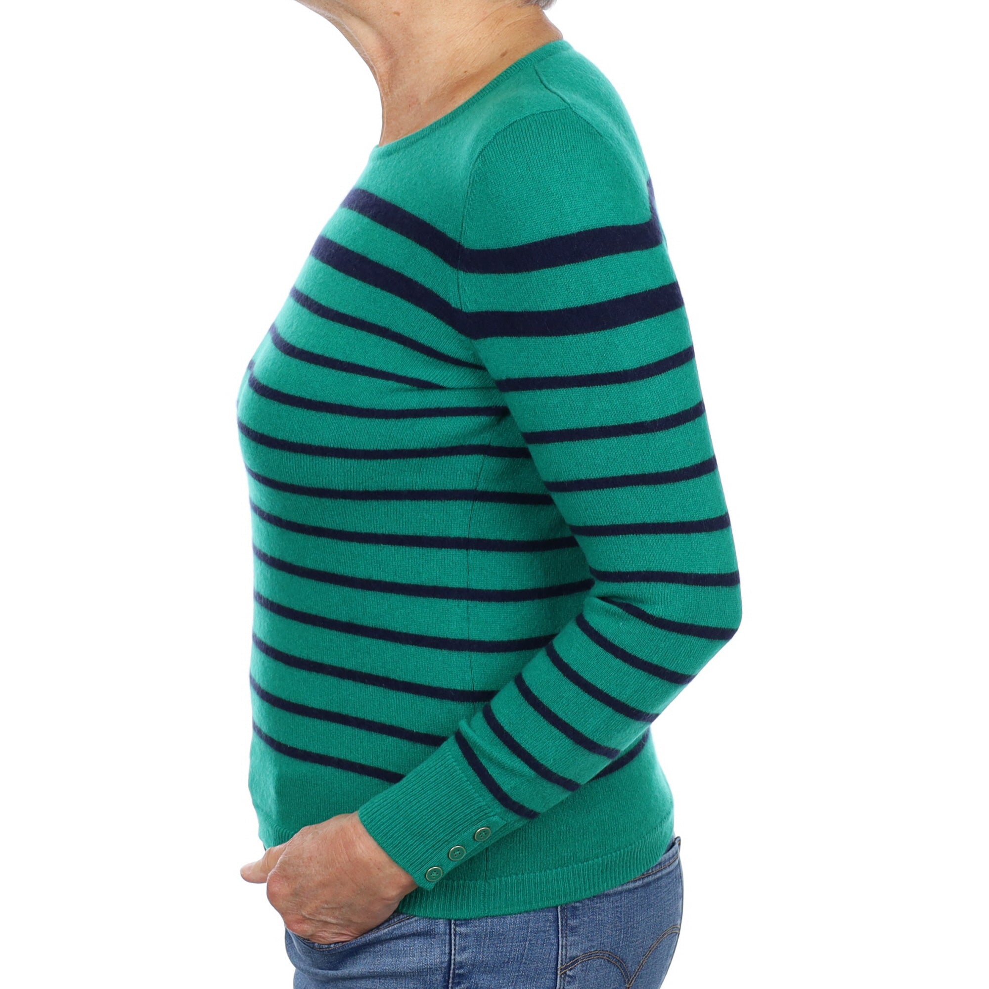 Emerald and Navy Stripe Cashmere Crew Neck Jumper Medium
