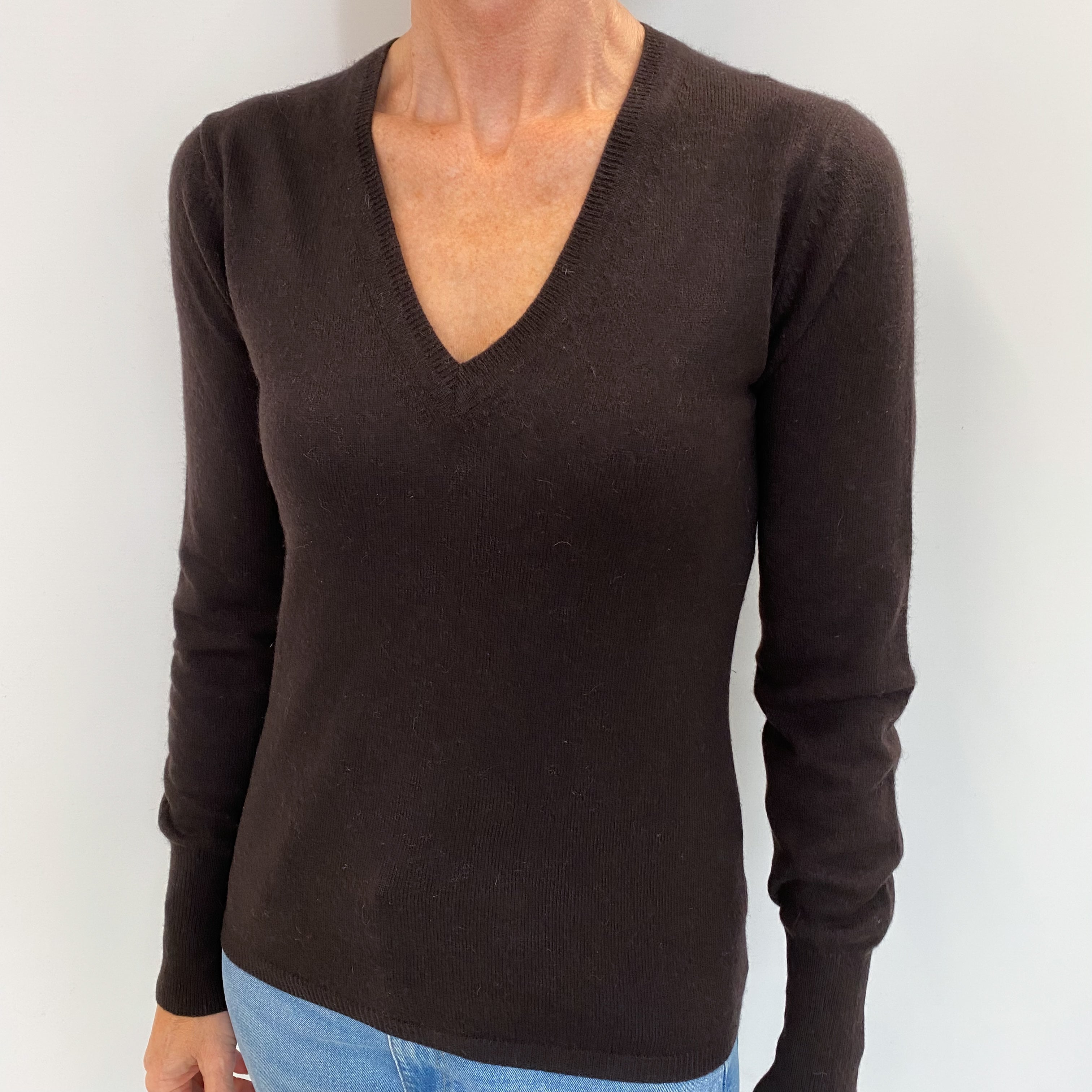 Dark Chocolate Brown Cashmere V Neck Jumper Small